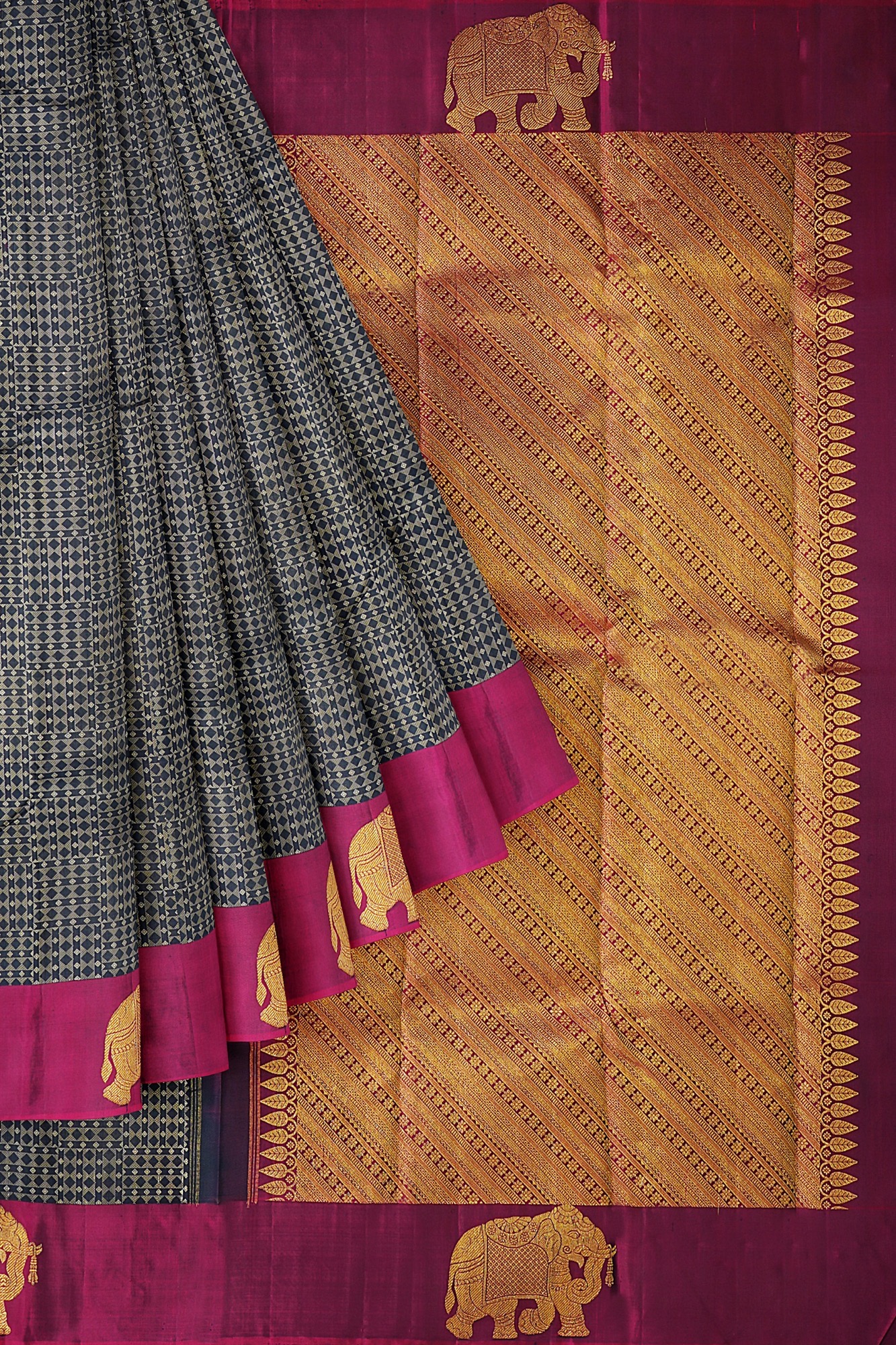 sri kumaran stores kanchipuram silk saree grey saree with maroon border 1