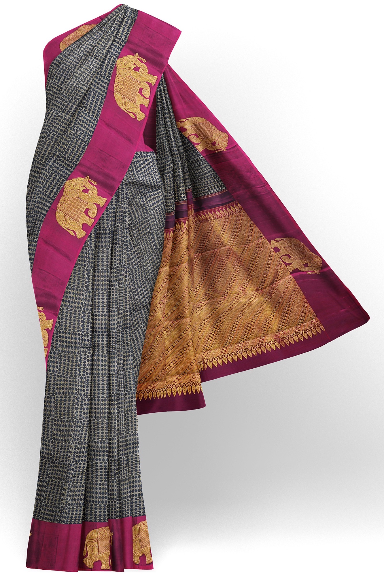sri kumaran stores kanchipuram silk saree grey saree with maroon border 2
