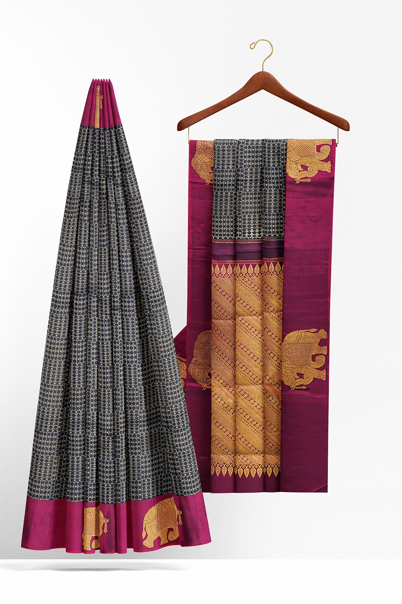sri kumaran stores kanchipuram silk saree grey saree with maroon border 3