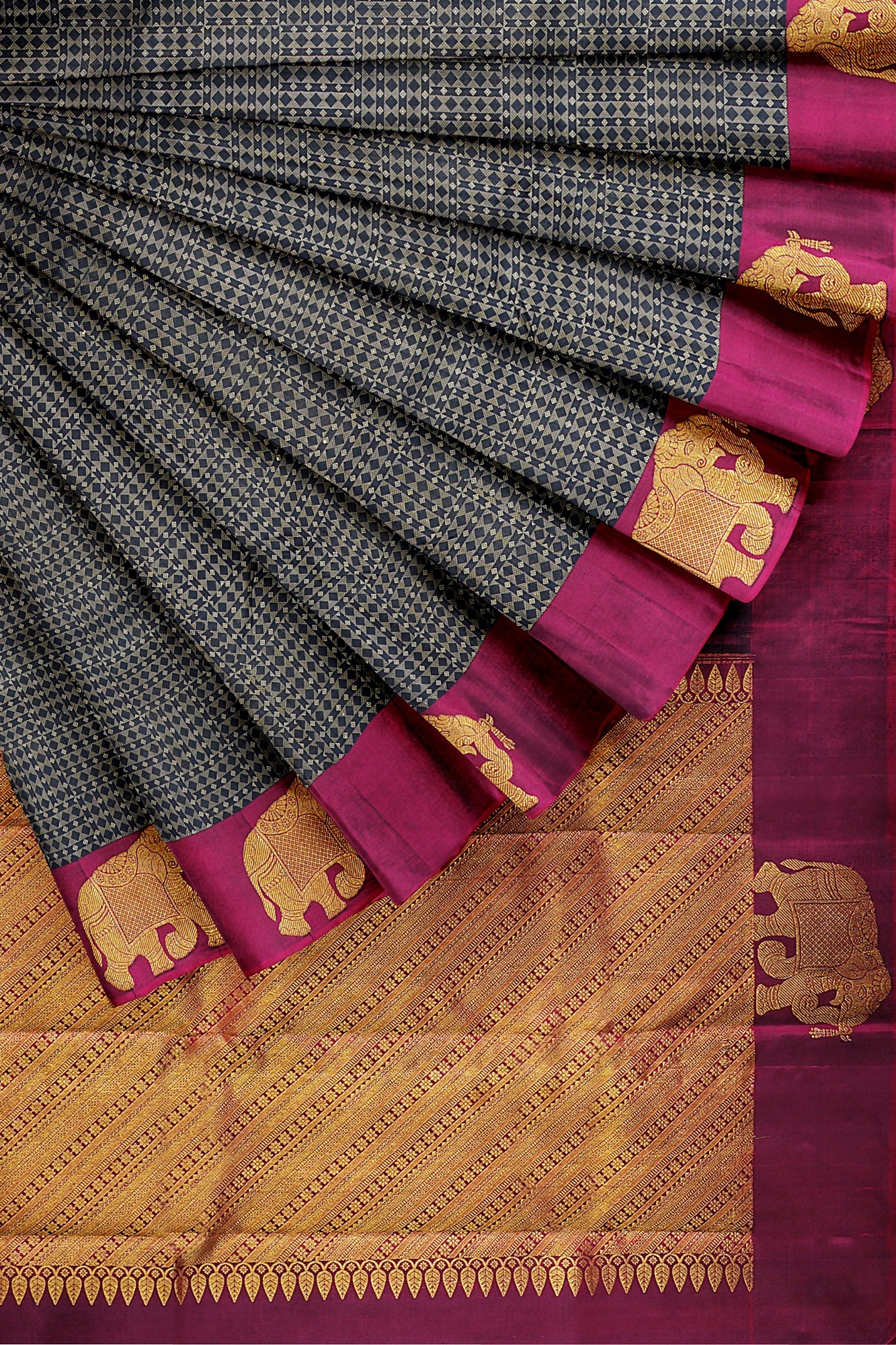 sri kumaran stores kanchipuram silk saree grey saree with maroon border 4