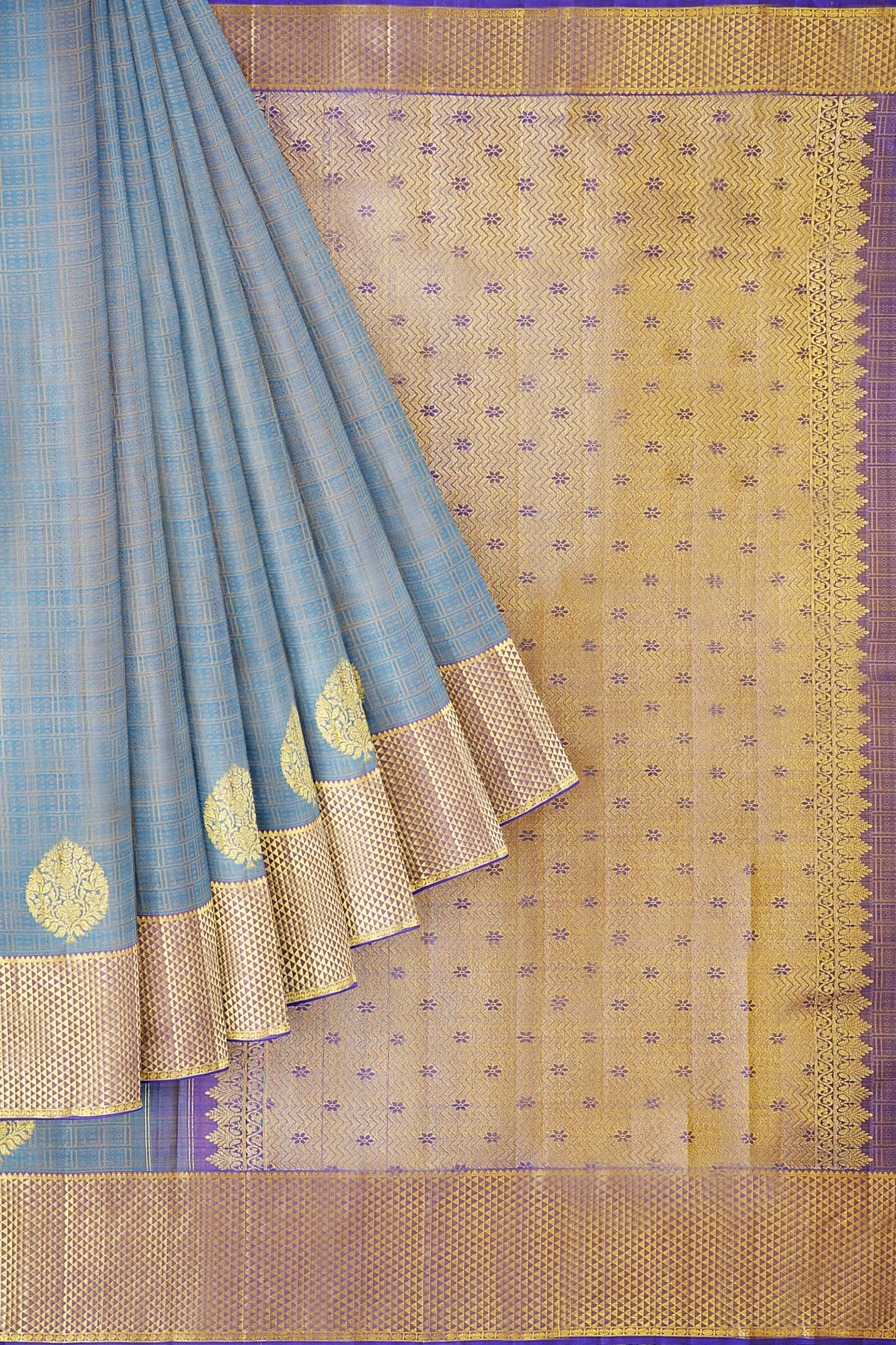 sri kumaran stores kanchipuram silk saree greyish blue saree with golden border 1