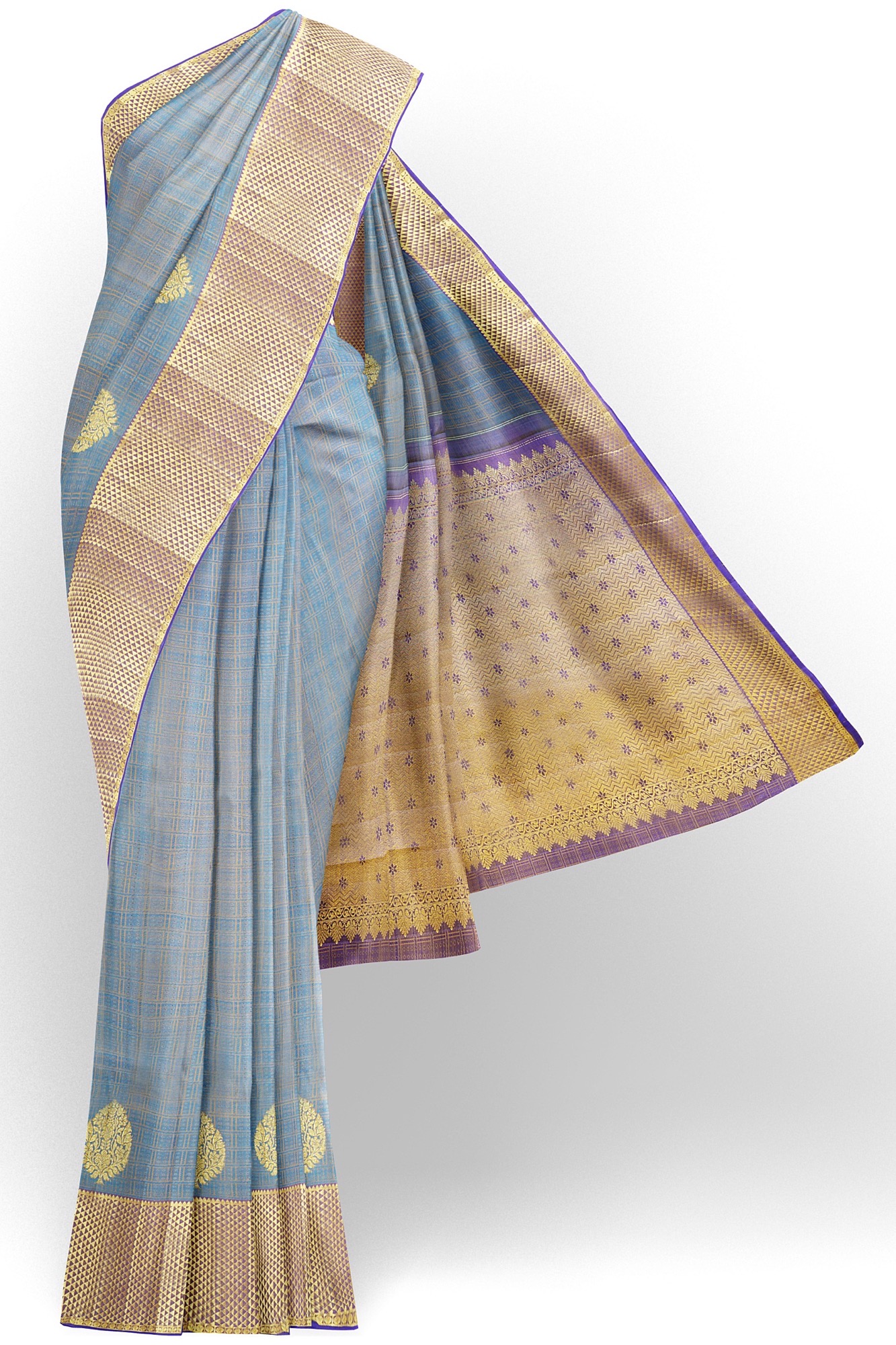 sri kumaran stores kanchipuram silk saree greyish blue saree with golden border 2