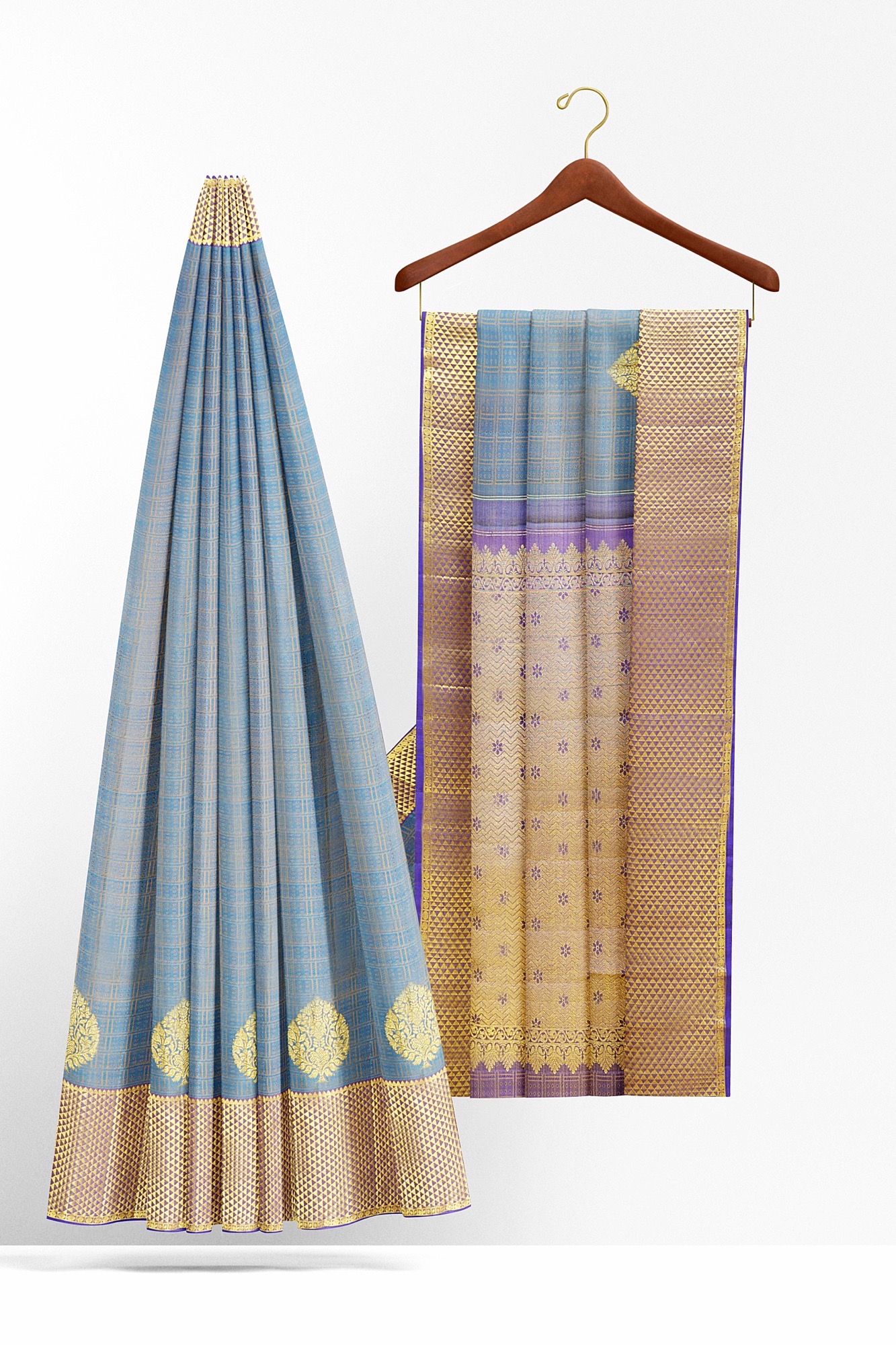sri kumaran stores kanchipuram silk saree greyish blue saree with golden border 3