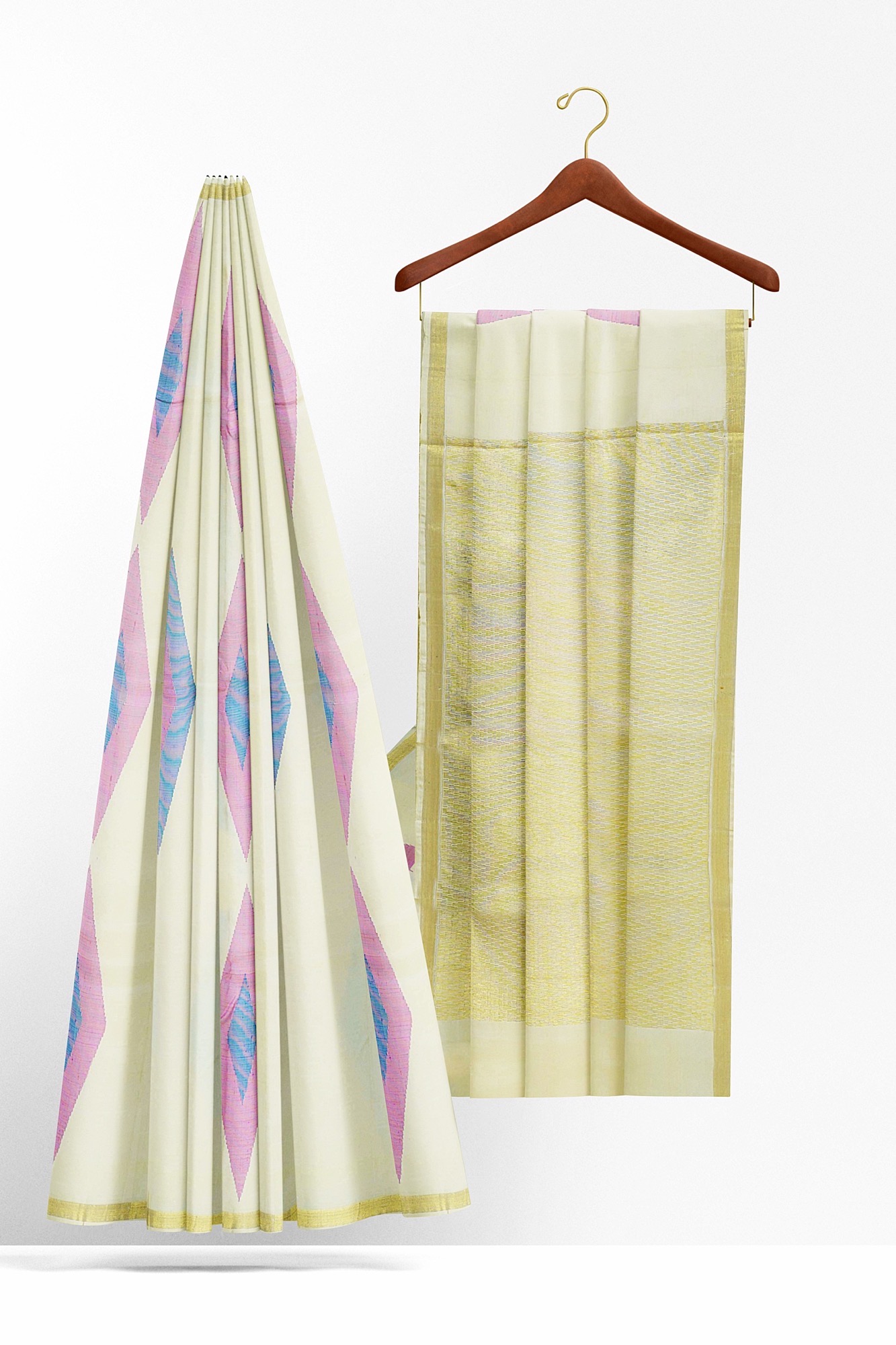 sri kumaran stores kanchipuram silk saree half white saree with golden border 3