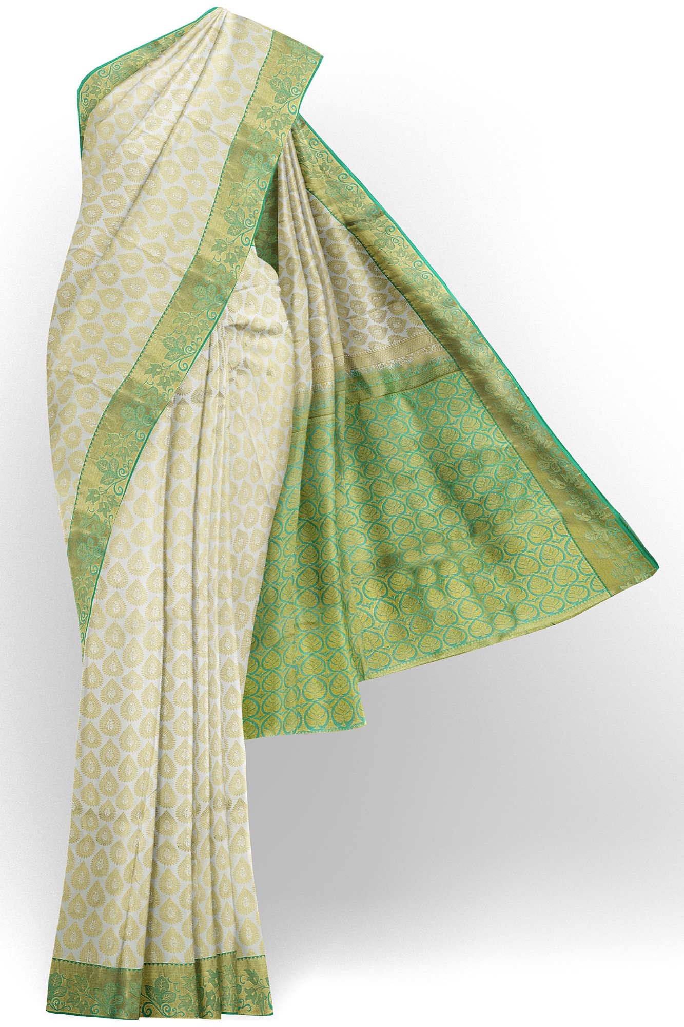 sri kumaran stores kanchipuram silk saree half white saree with golden green border 2