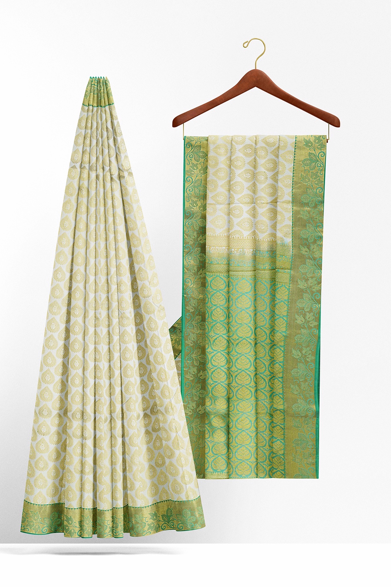 sri kumaran stores kanchipuram silk saree half white saree with golden green border 3