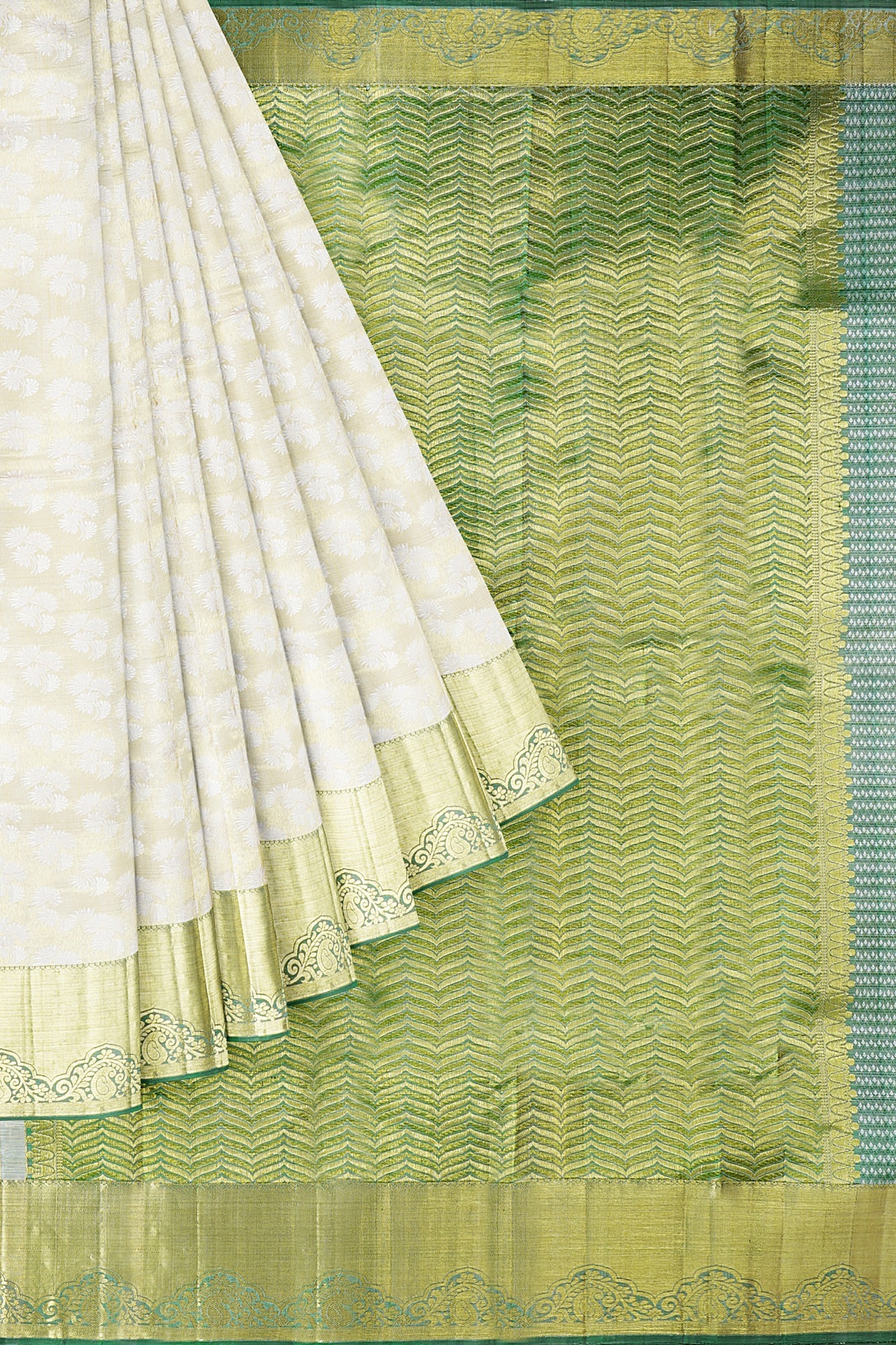 sri kumaran stores kanchipuram silk saree half white saree with golden green border 1 1