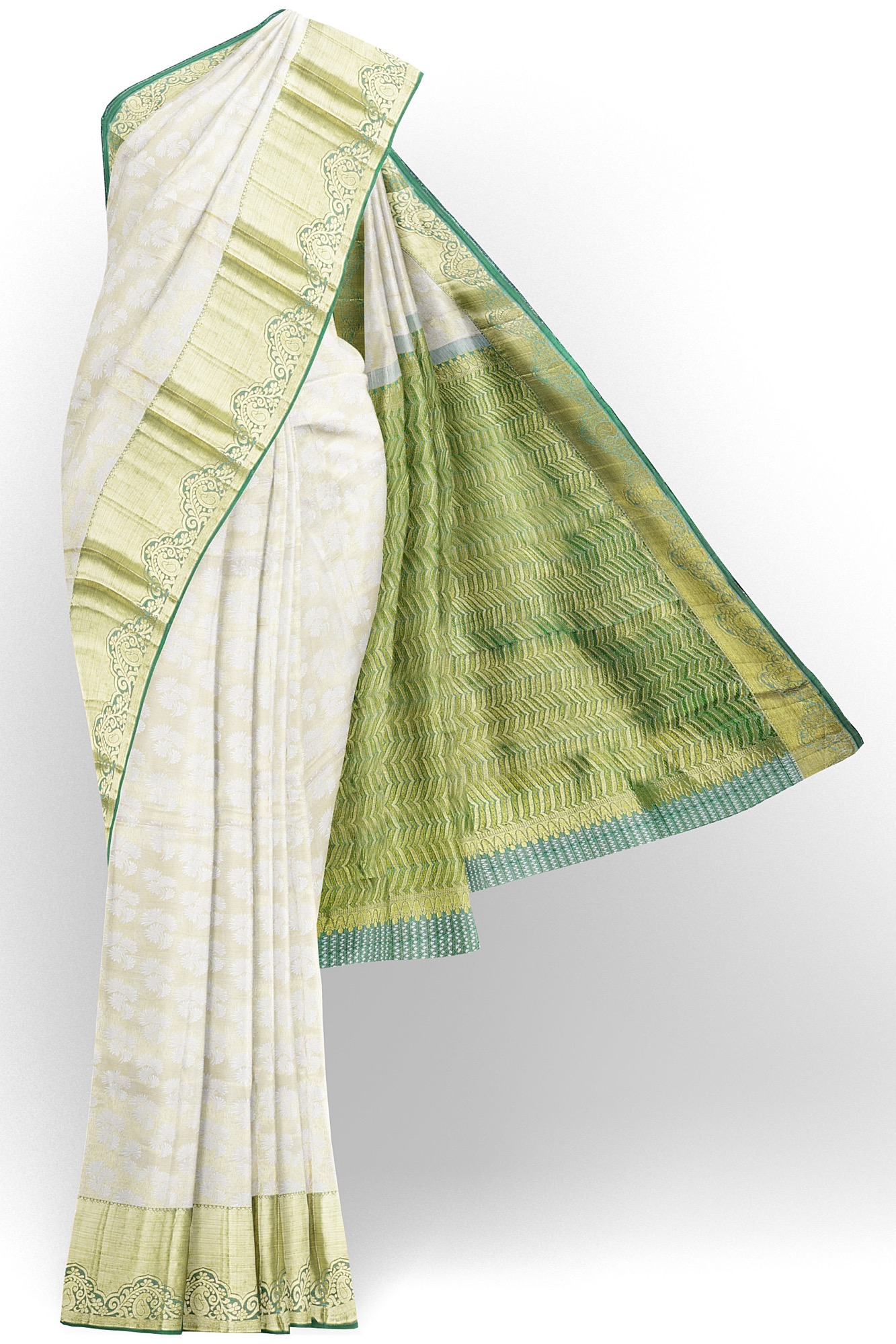 sri kumaran stores kanchipuram silk saree half white saree with golden green border 1 2