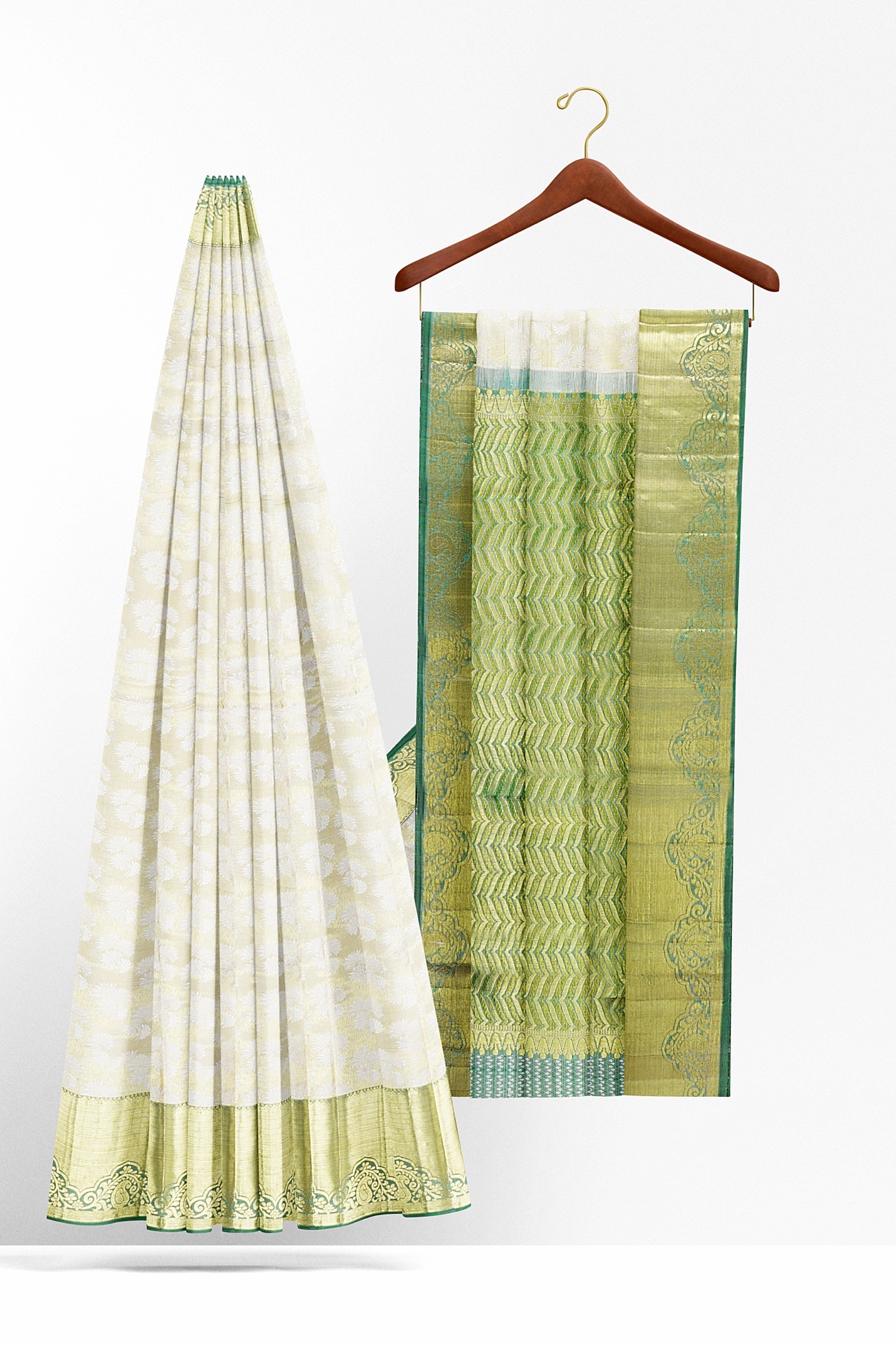 sri kumaran stores kanchipuram silk saree half white saree with golden green border 1 3