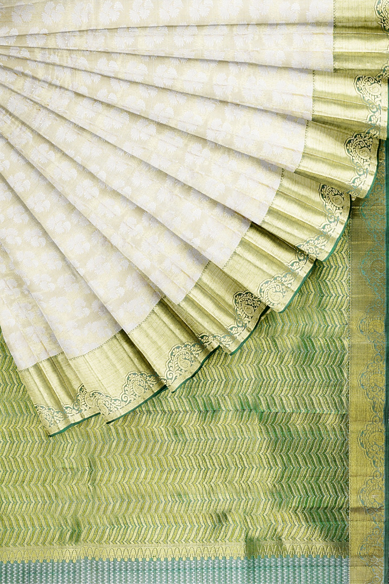 sri kumaran stores kanchipuram silk saree half white saree with golden green border 1 4
