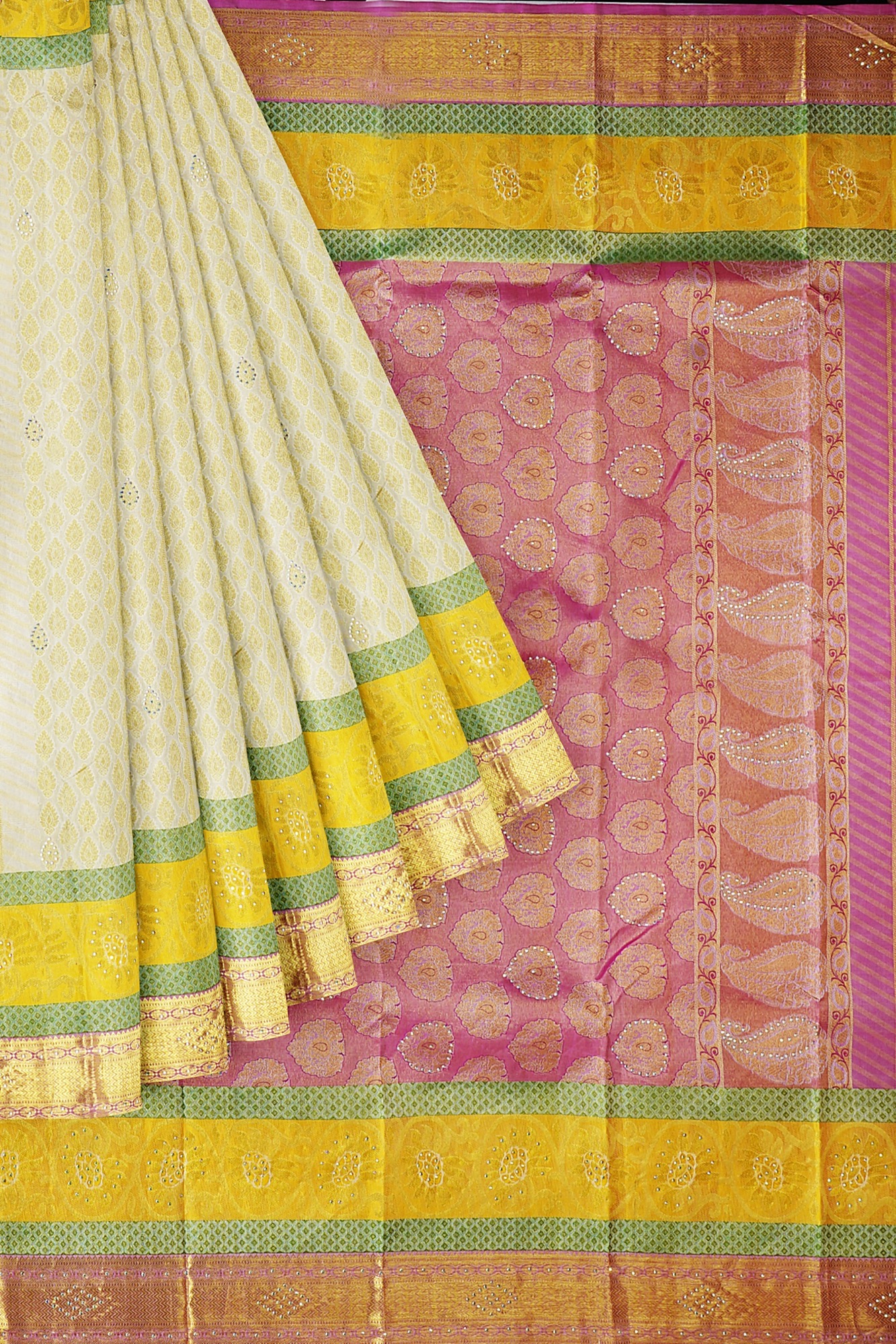 sri kumaran stores kanchipuram silk saree half white saree with golden pink border 1