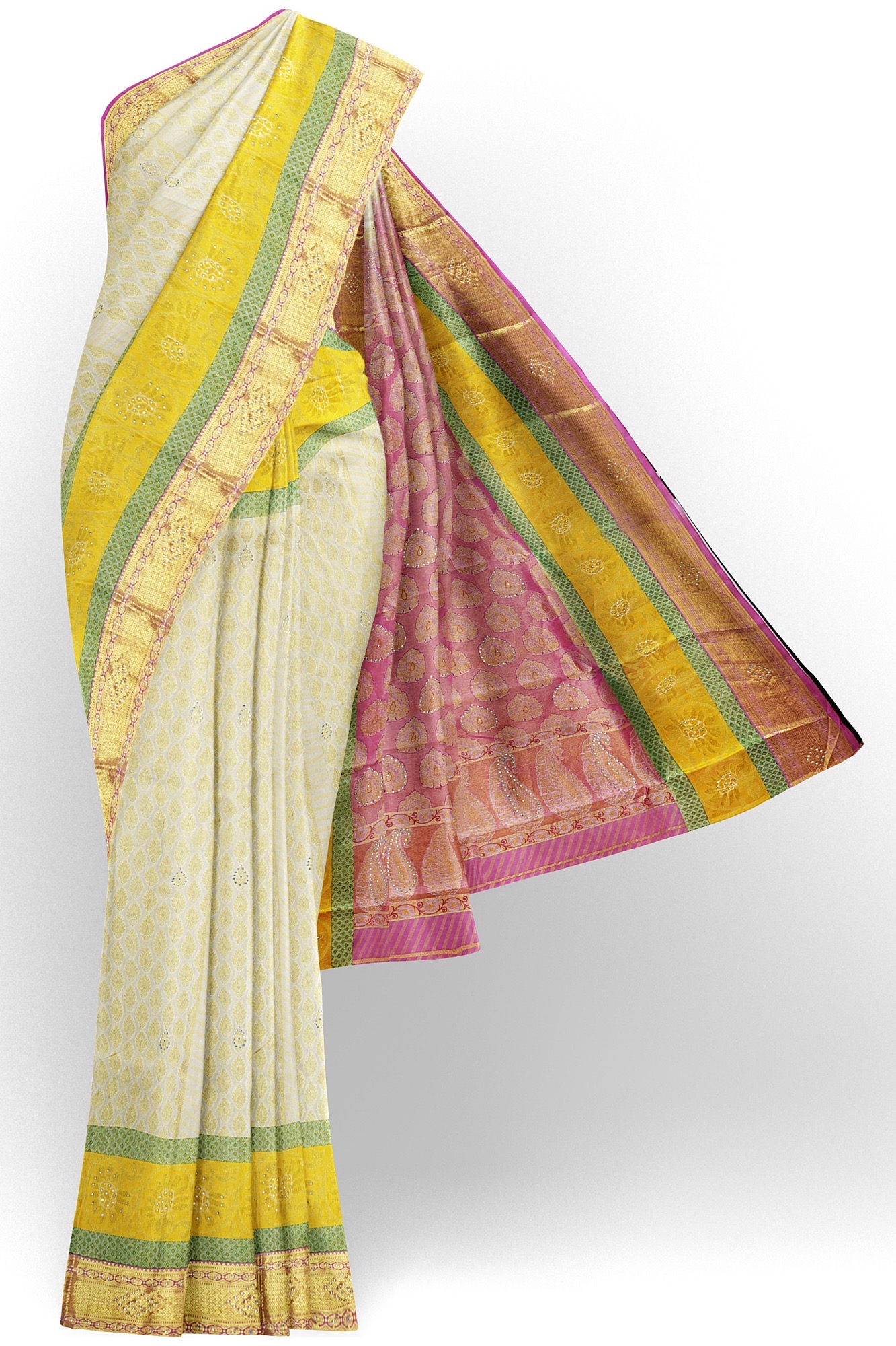 sri kumaran stores kanchipuram silk saree half white saree with golden pink border 2