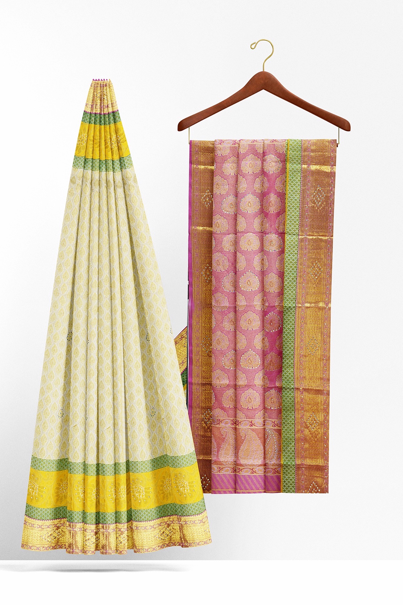sri kumaran stores kanchipuram silk saree half white saree with golden pink border 3