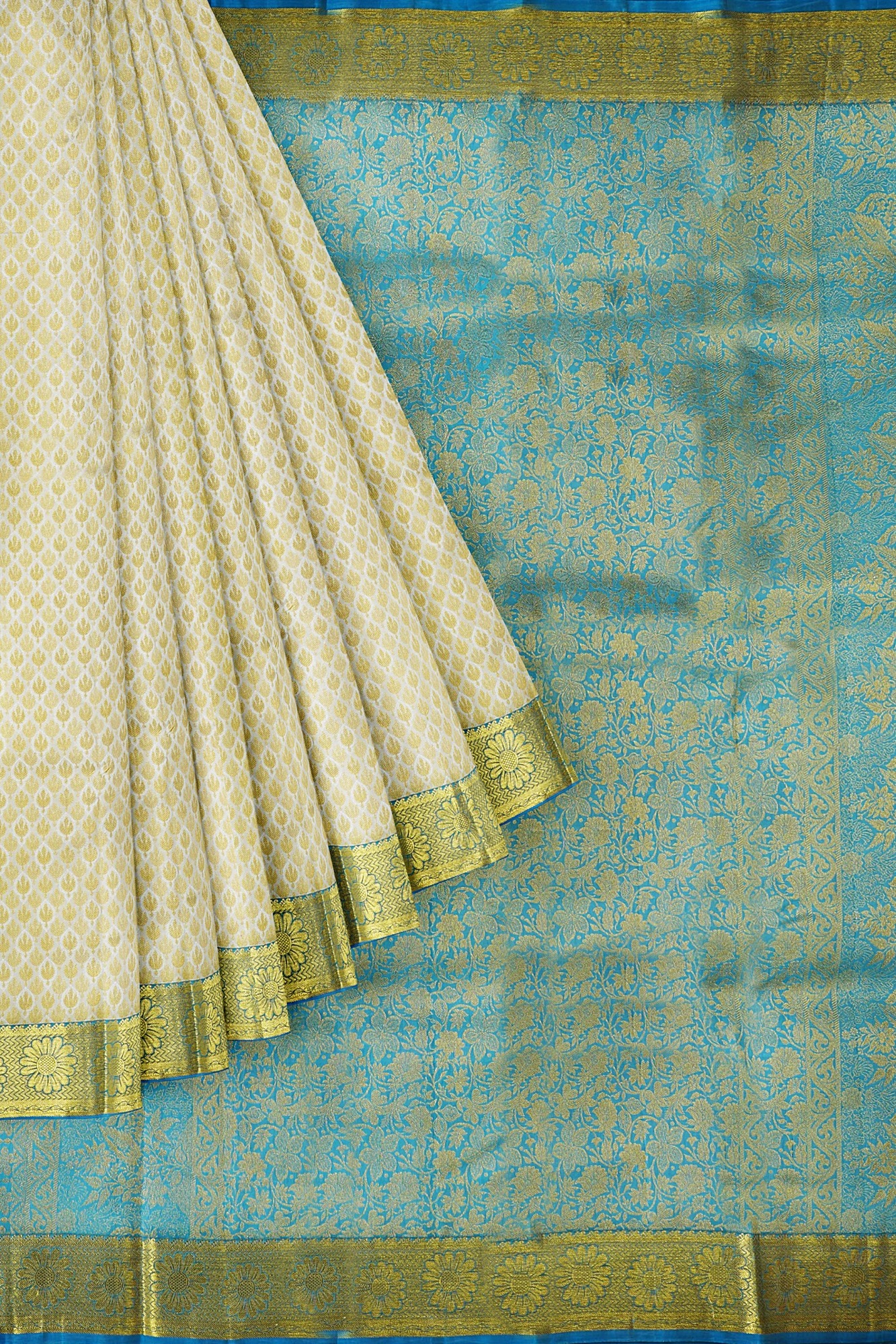 sri kumaran stores kanchipuram silk saree half white saree with golden sky blue border 1