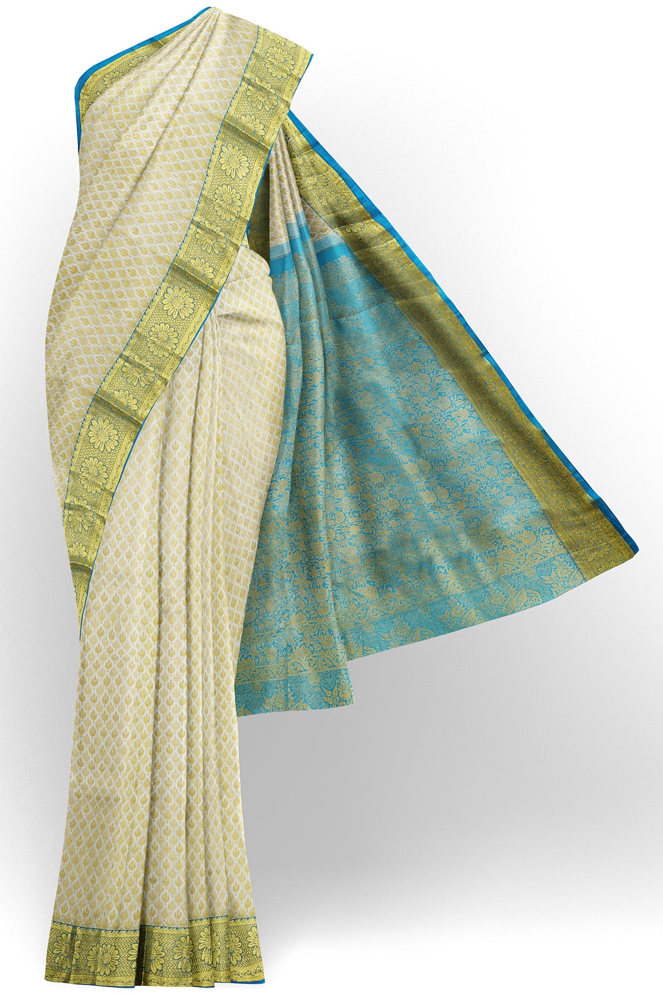 sri kumaran stores kanchipuram silk saree half white saree with golden sky blue border 2
