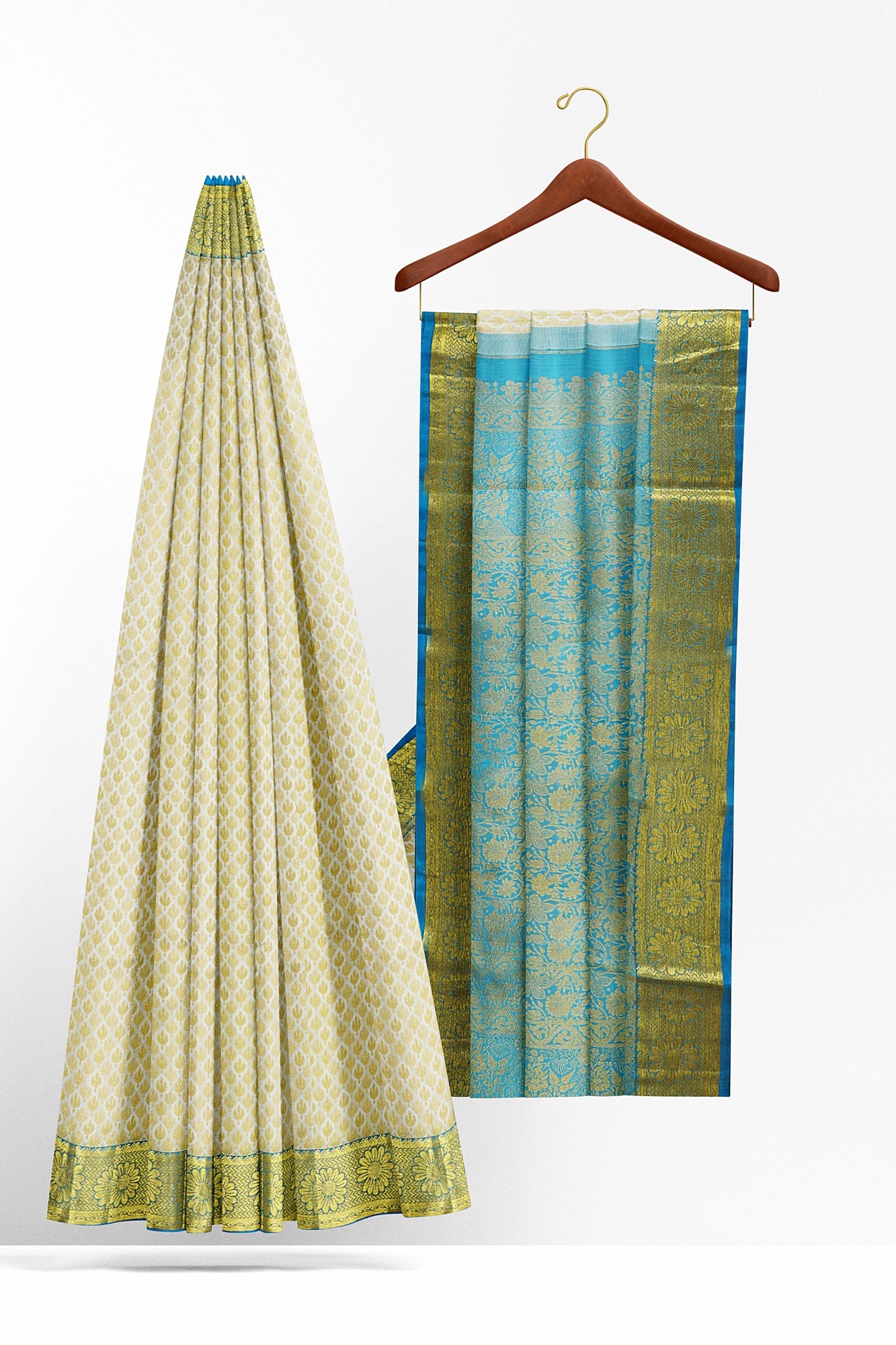 sri kumaran stores kanchipuram silk saree half white saree with golden sky blue border 3