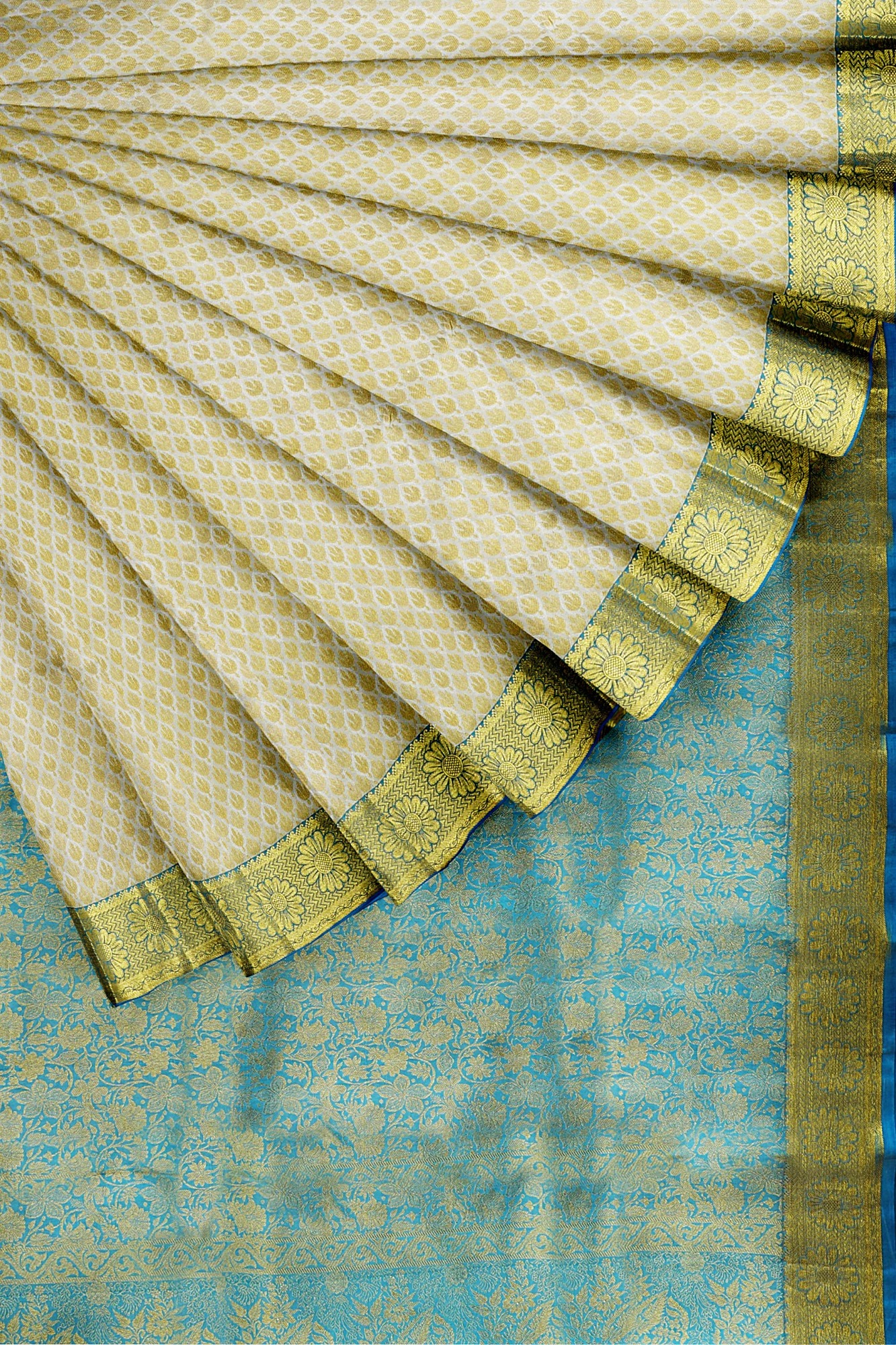 sri kumaran stores kanchipuram silk saree half white saree with golden sky blue border 4