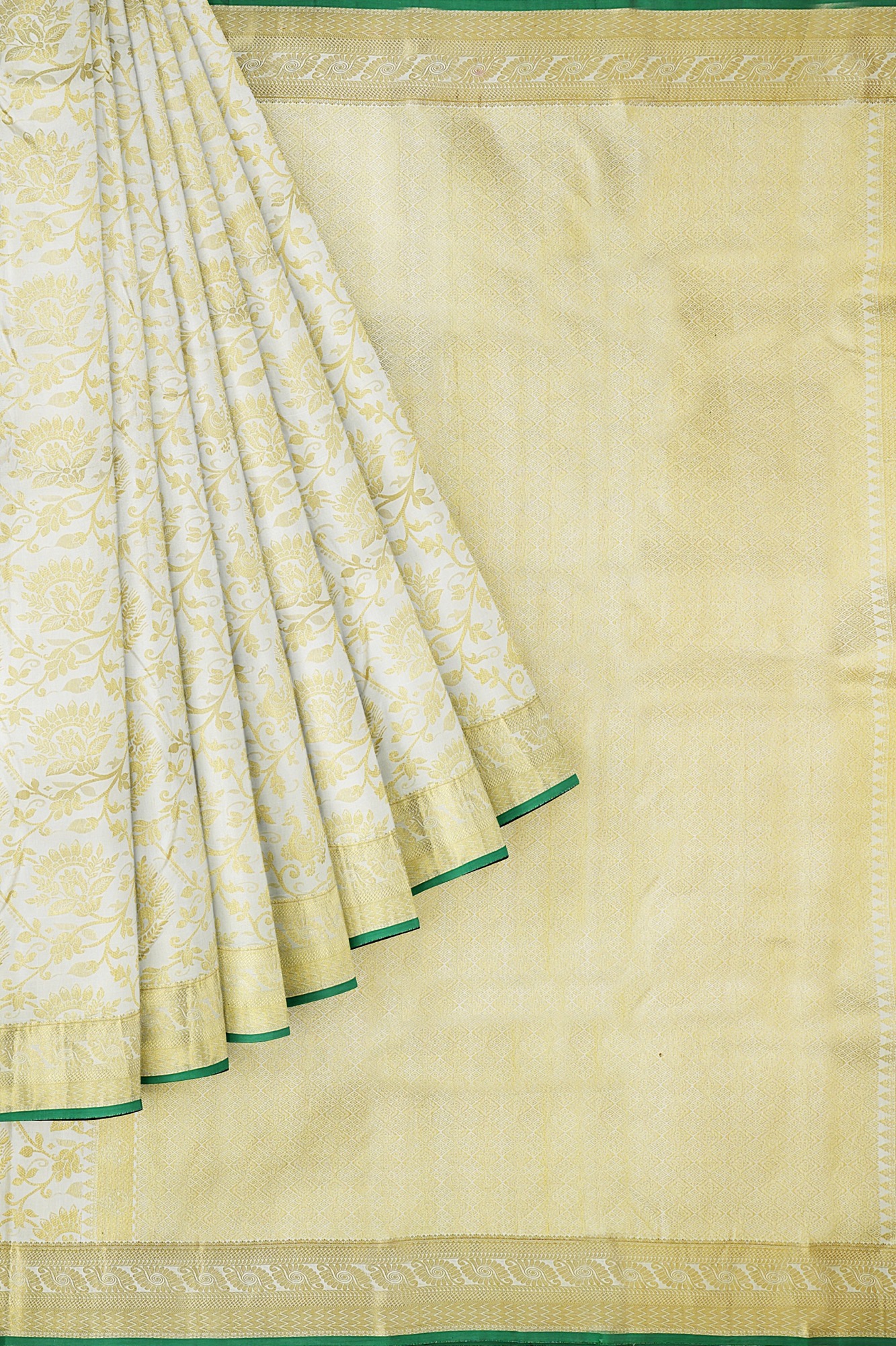 sri kumaran stores kanchipuram silk saree half white saree with golden yellow border 1 1