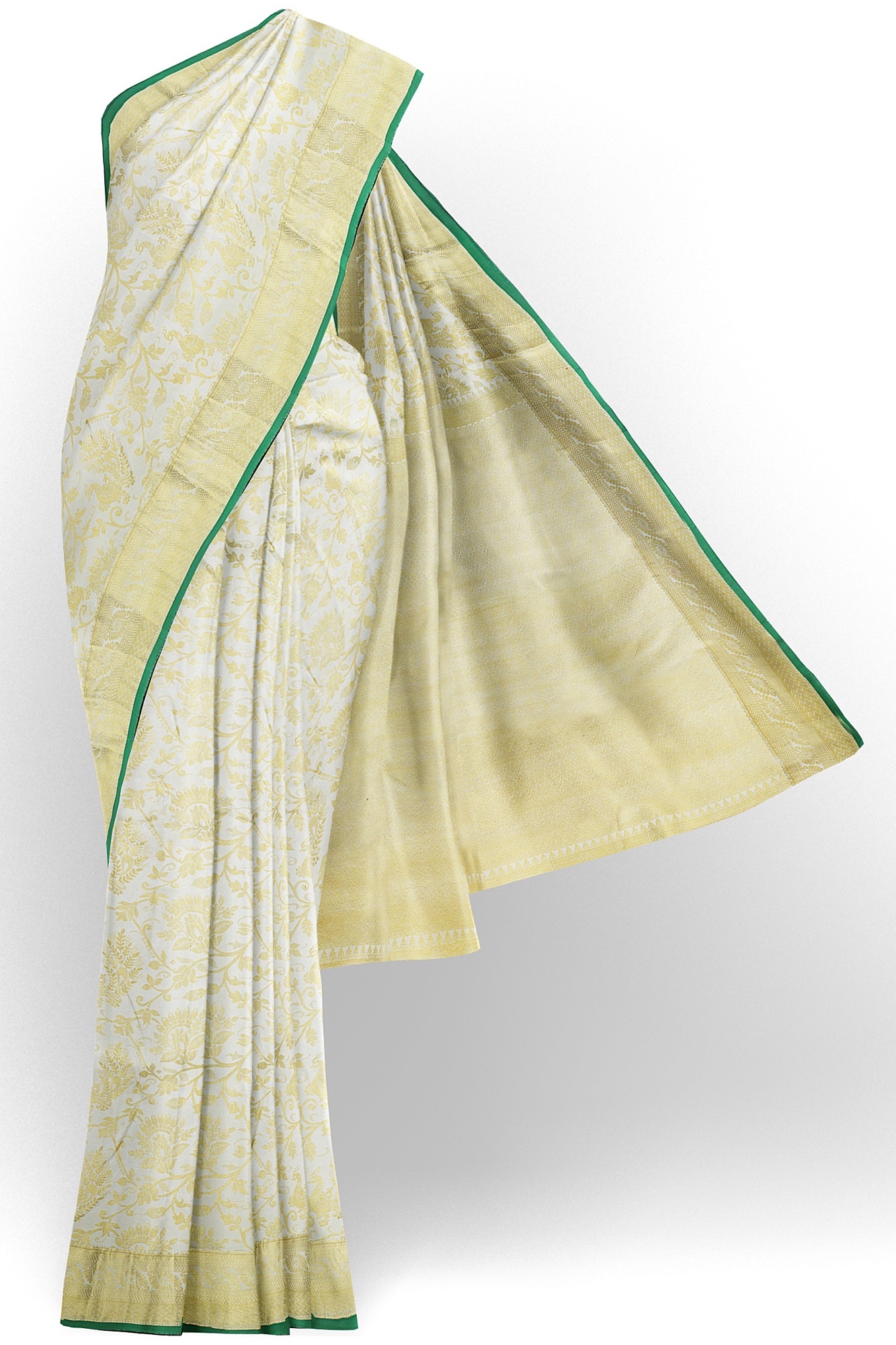 sri kumaran stores kanchipuram silk saree half white saree with golden yellow border 1 2