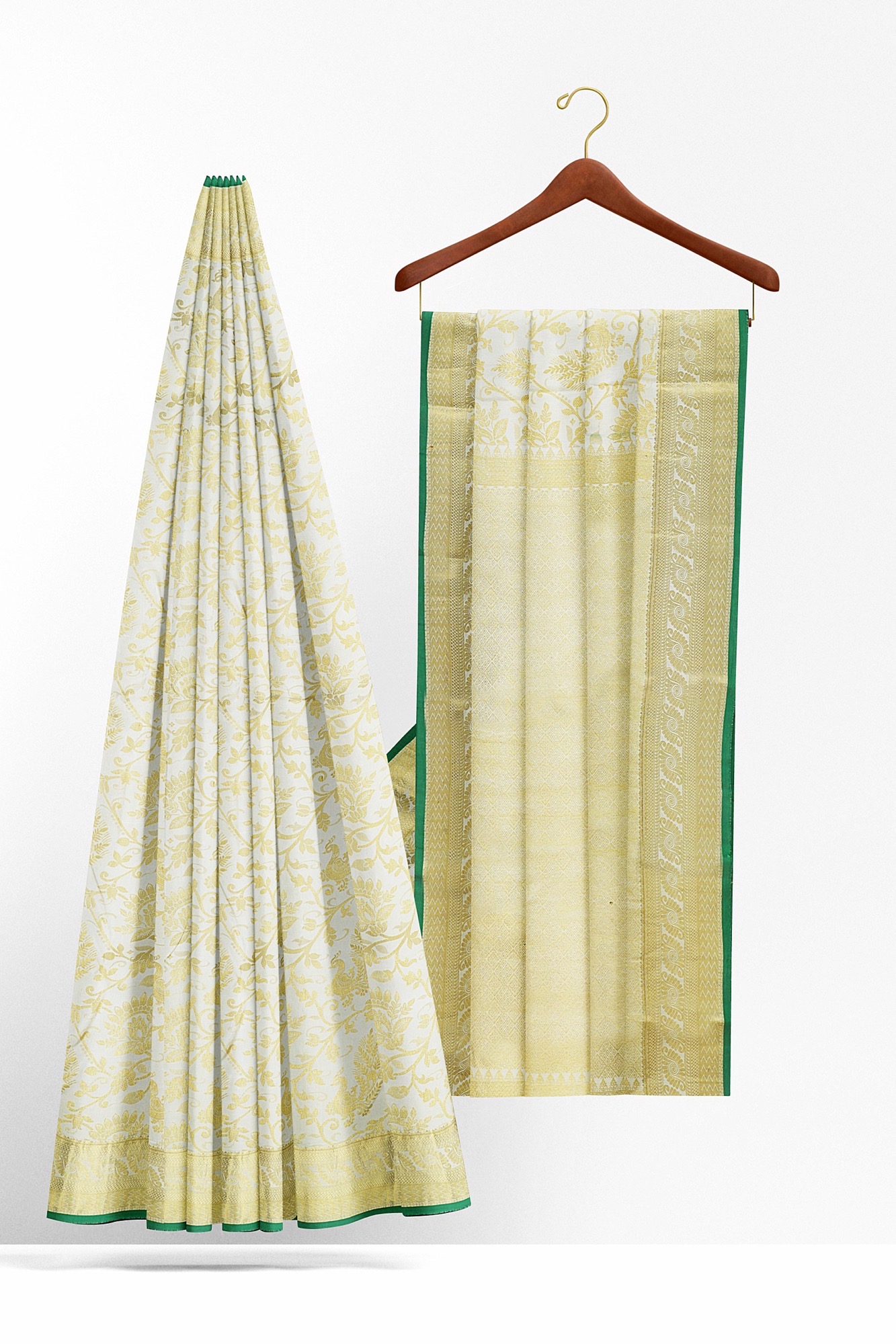 sri kumaran stores kanchipuram silk saree half white saree with golden yellow border 1 3