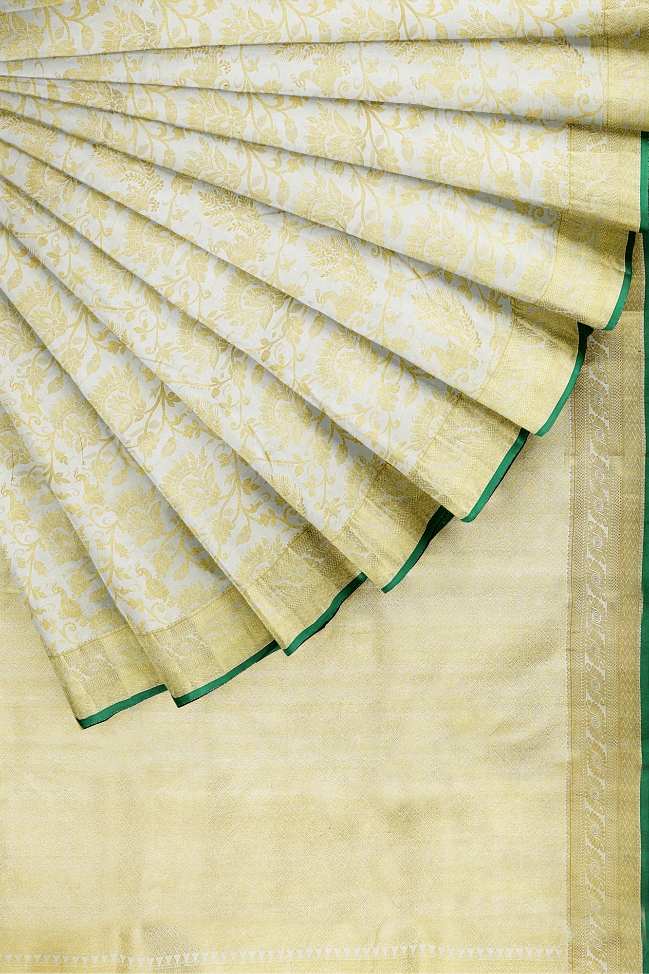 sri kumaran stores kanchipuram silk saree half white saree with golden yellow border 1 4