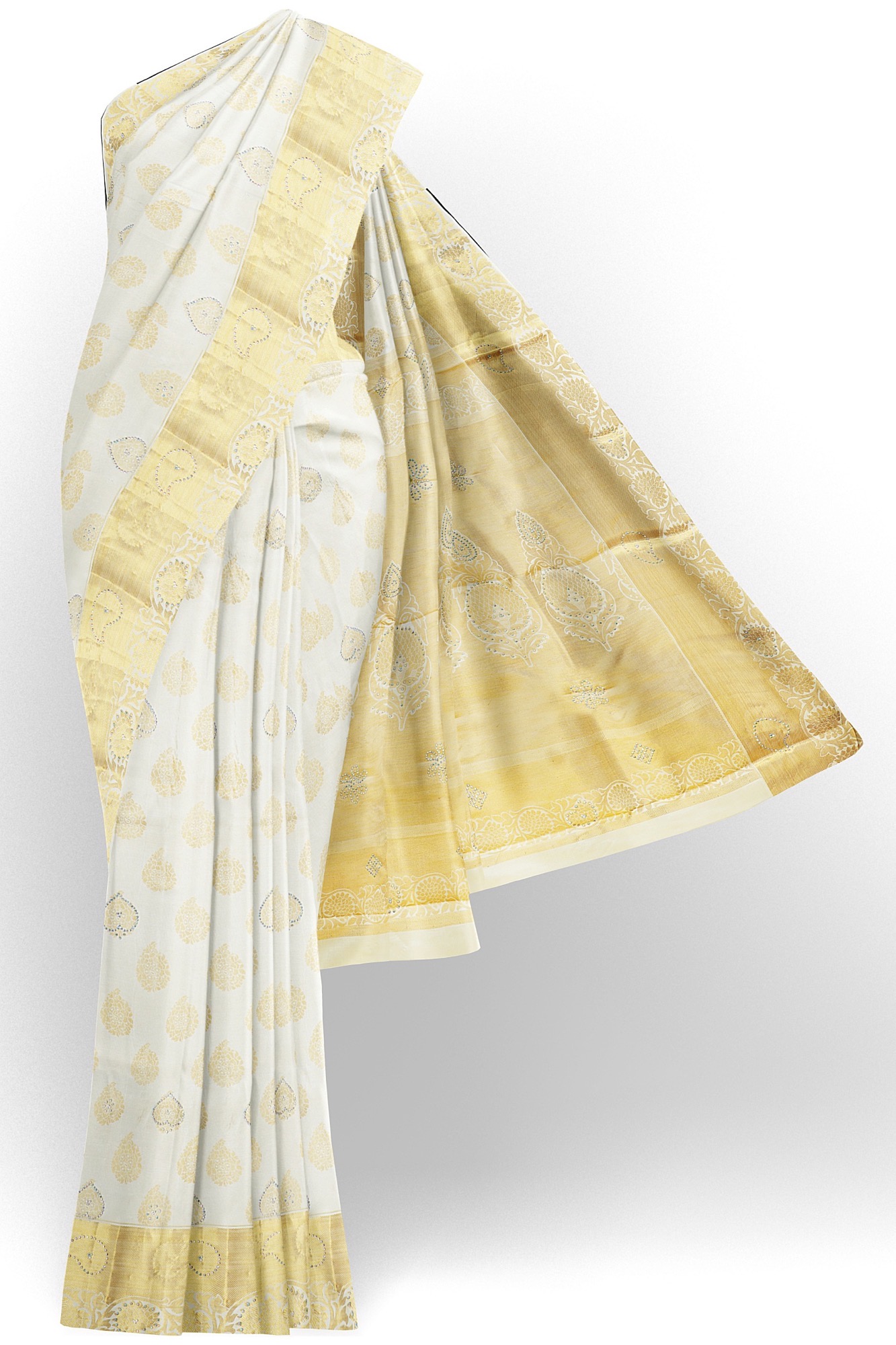 sri kumaran stores kanchipuram silk saree half white saree with golden yellow border 2 2