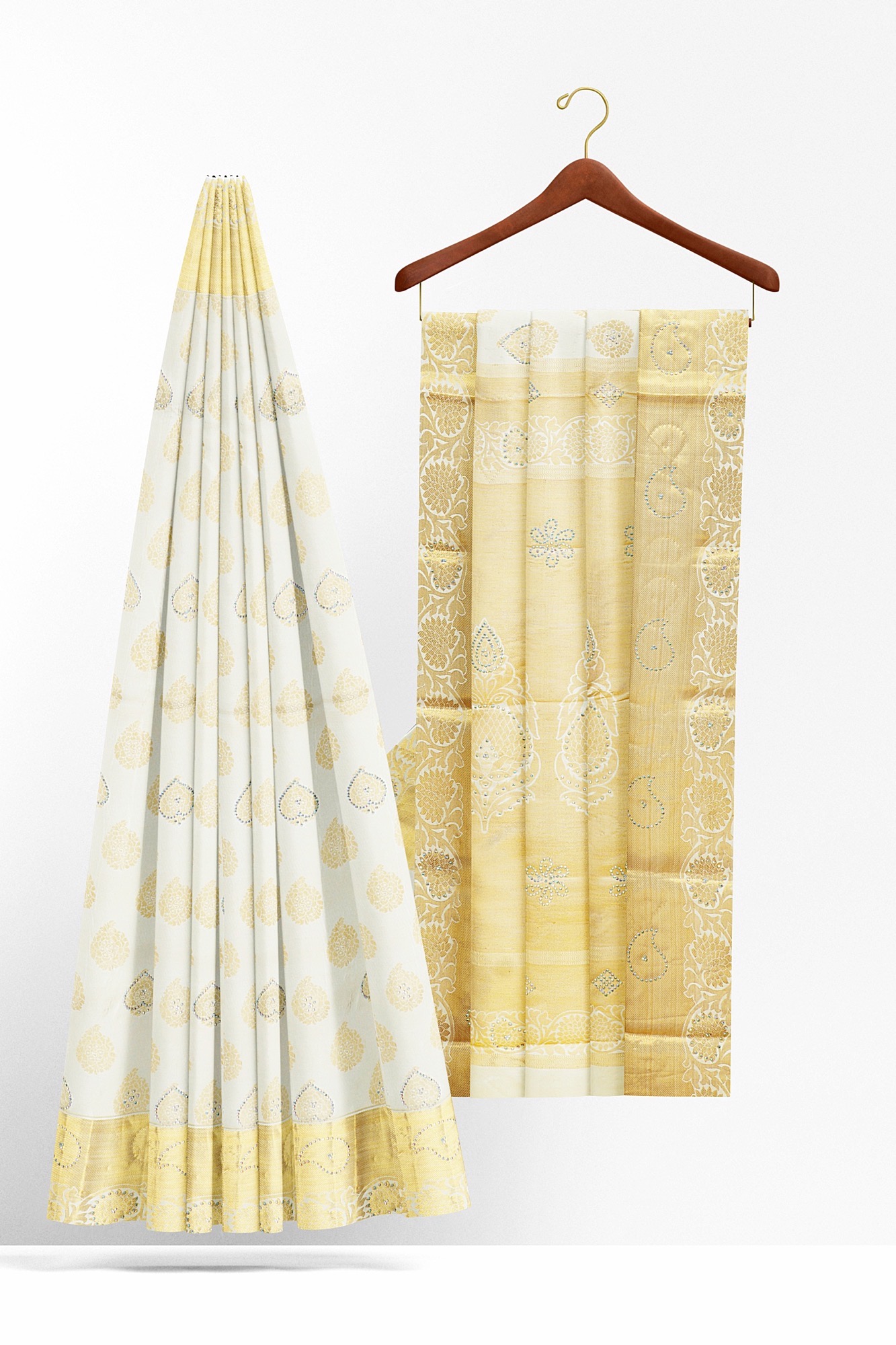 sri kumaran stores kanchipuram silk saree half white saree with golden yellow border 2 3