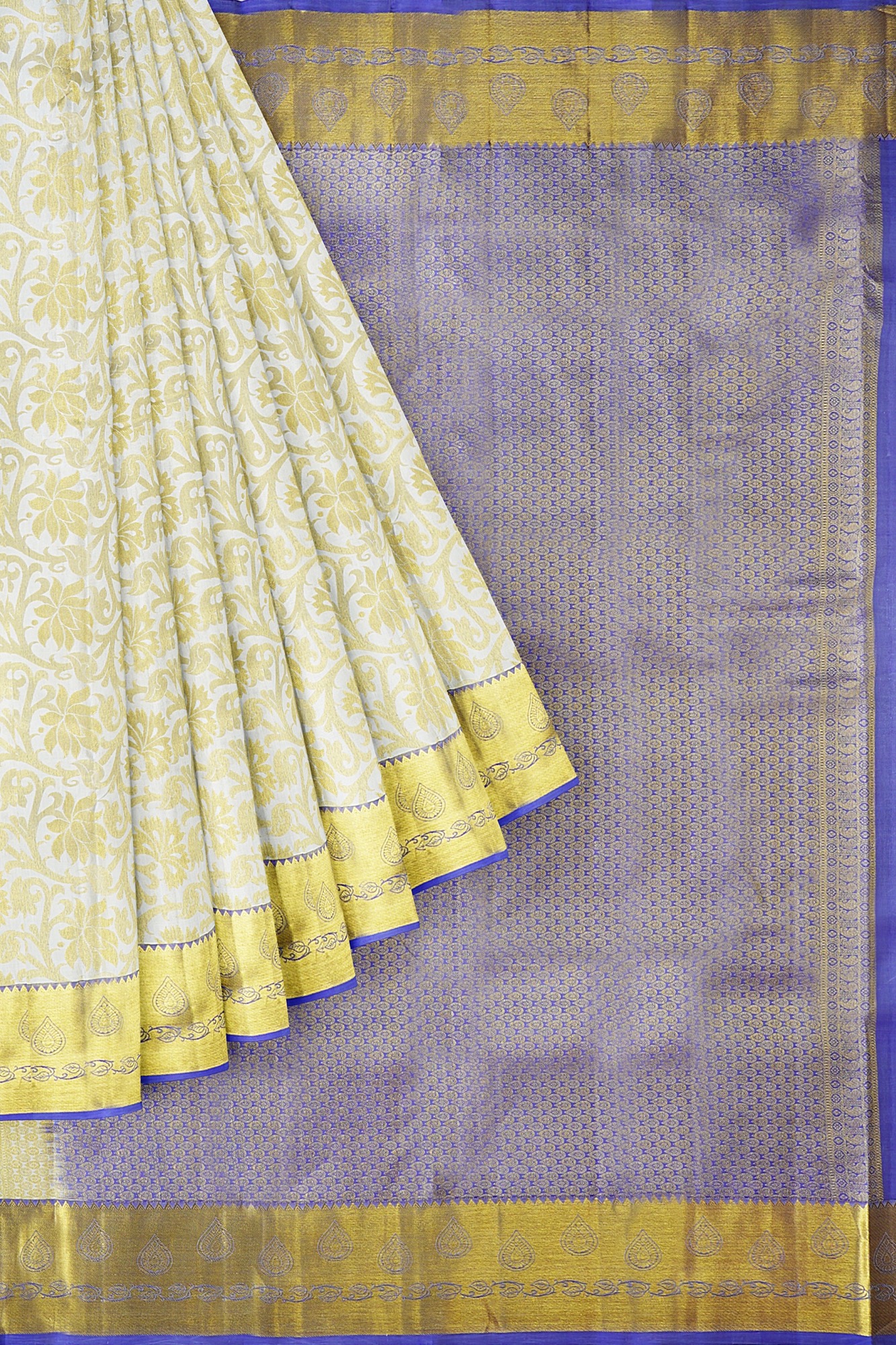 sri kumaran stores kanchipuram silk saree half white saree with golden yellow border 3 1