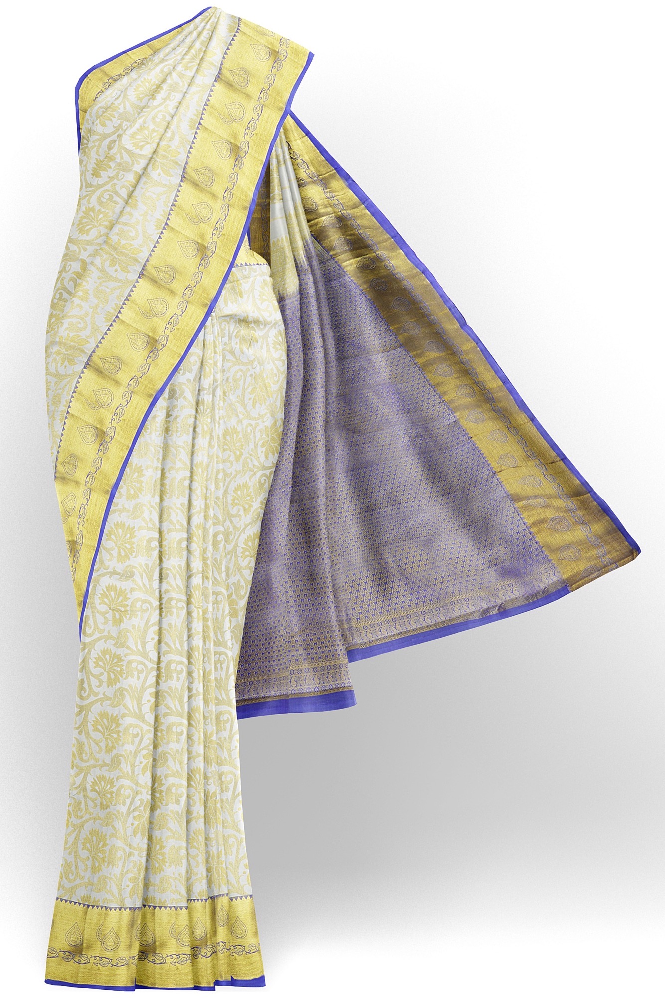 sri kumaran stores kanchipuram silk saree half white saree with golden yellow border 3 2
