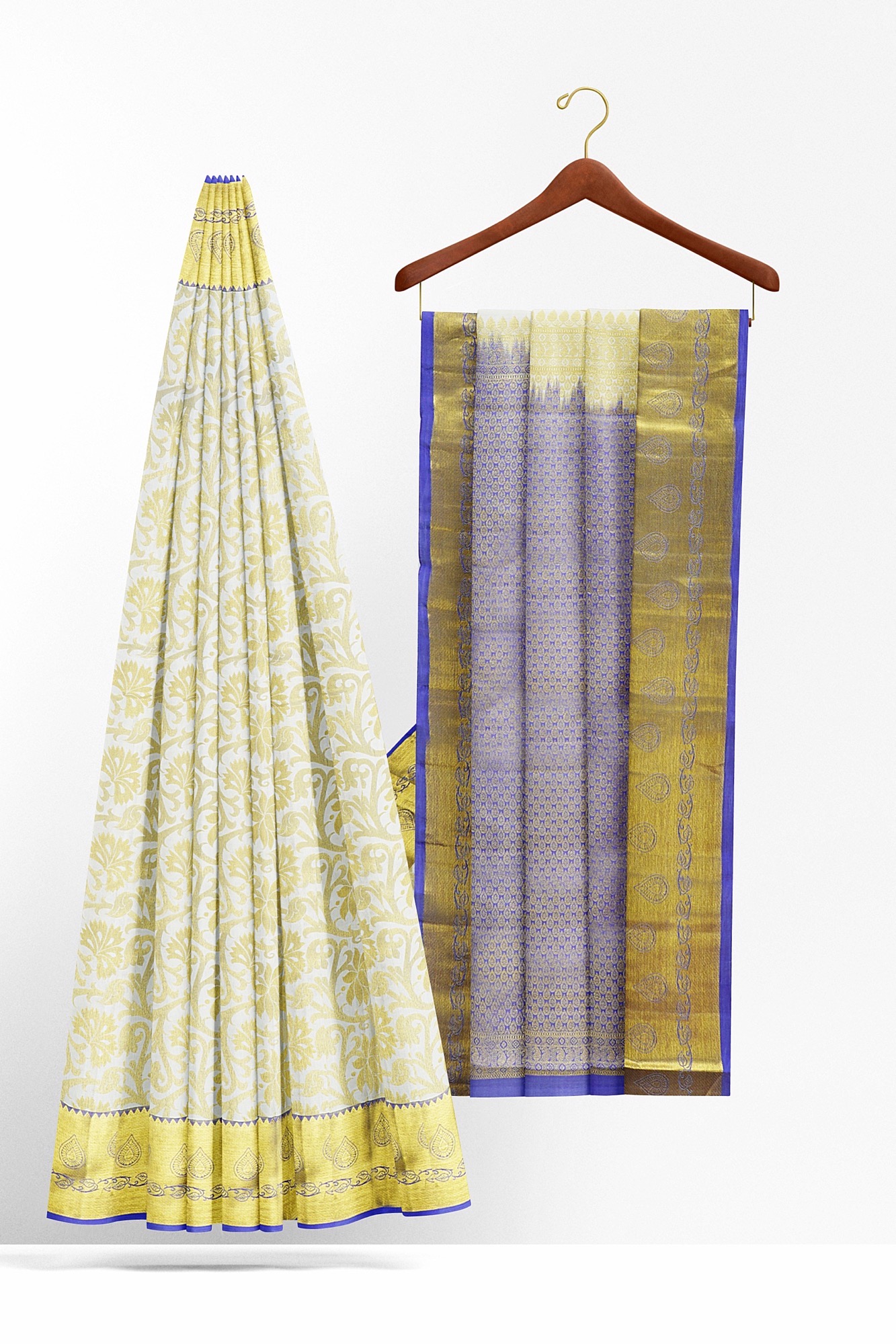 sri kumaran stores kanchipuram silk saree half white saree with golden yellow border 3 3