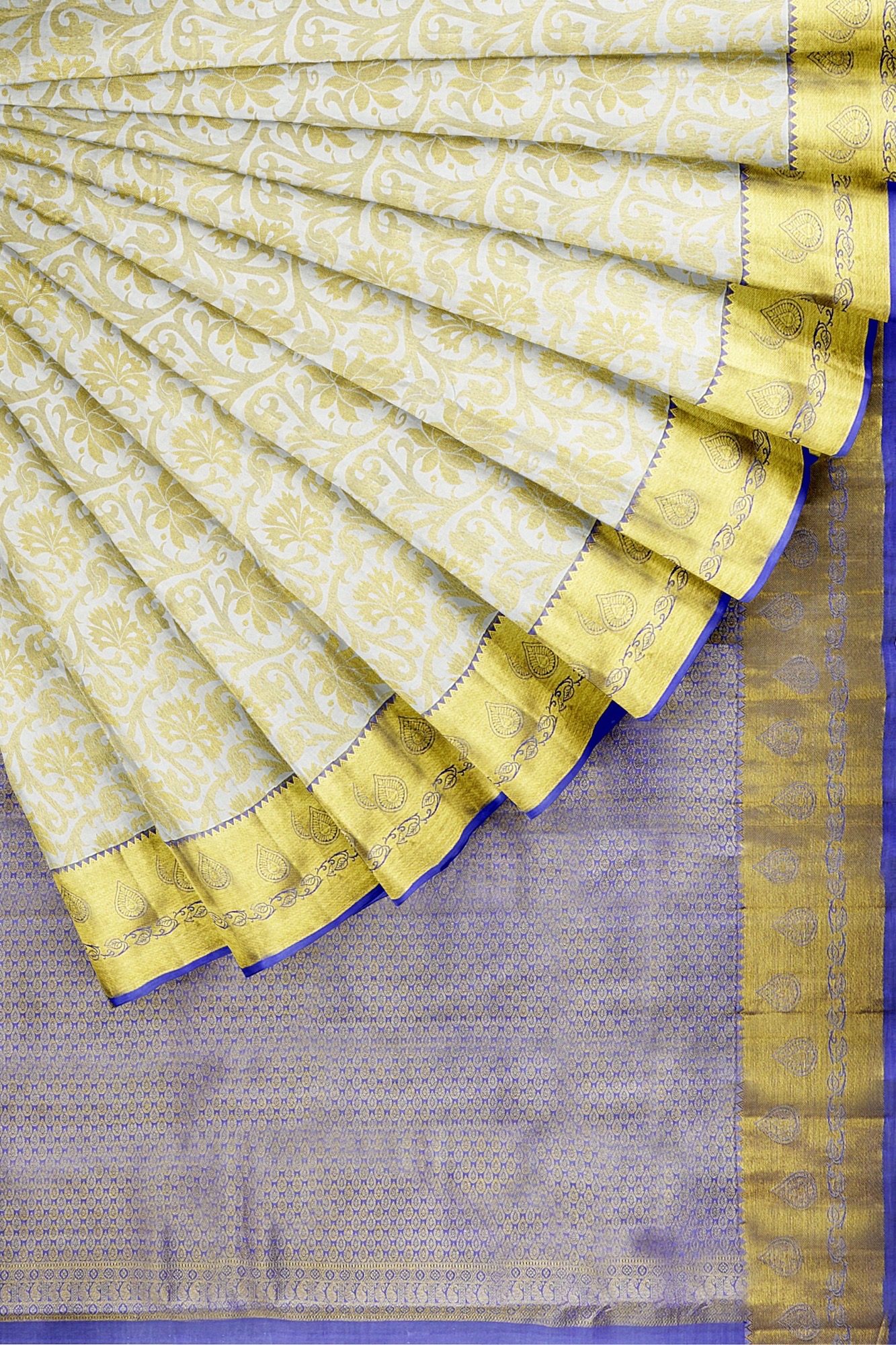 sri kumaran stores kanchipuram silk saree half white saree with golden yellow border 3 4