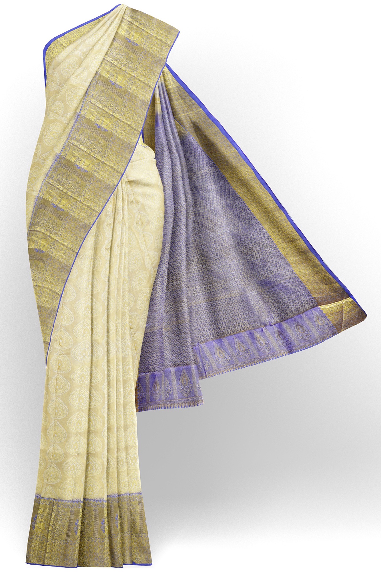 sri kumaran stores kanchipuram silk saree half white saree with golden yellow border 4 2