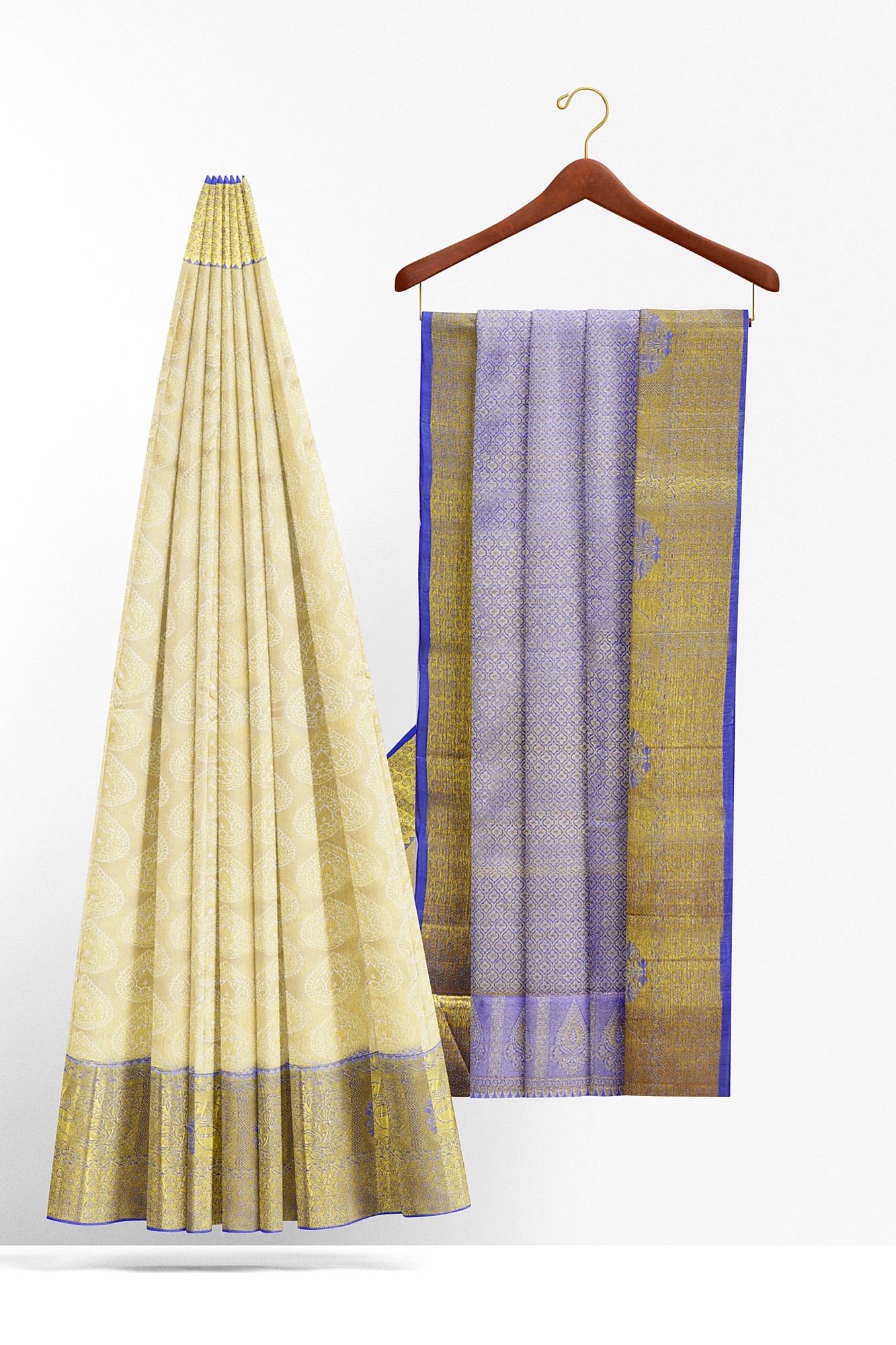 sri kumaran stores kanchipuram silk saree half white saree with golden yellow border 4 3