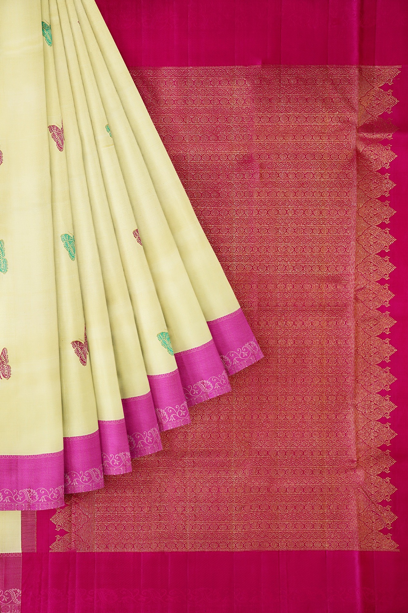 sri kumaran stores kanchipuram silk saree half white saree with pink border 1