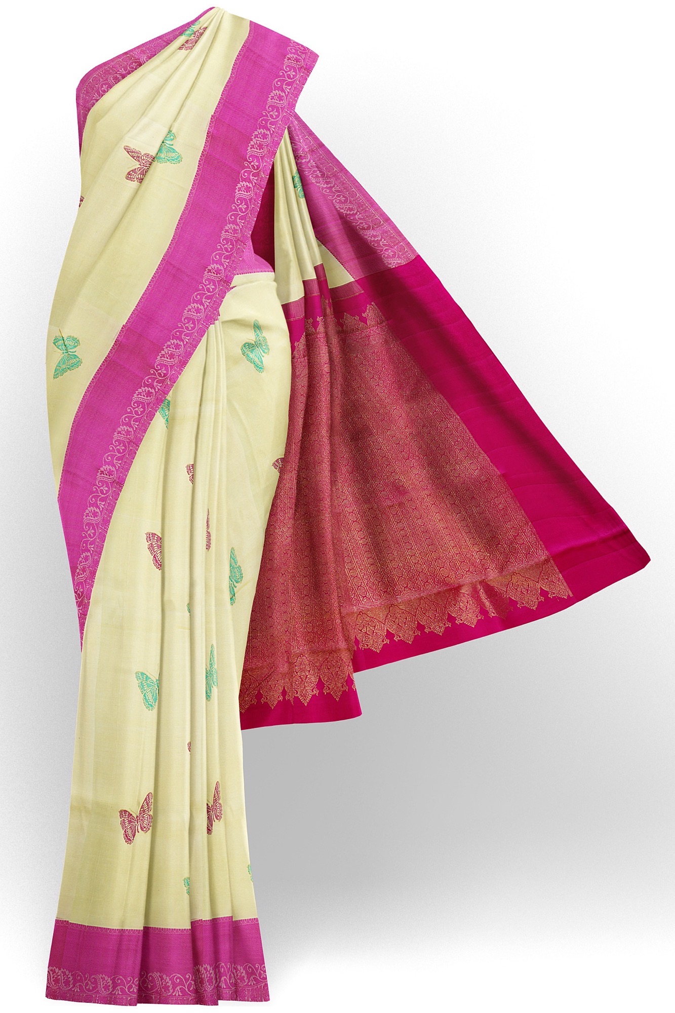 sri kumaran stores kanchipuram silk saree half white saree with pink border 2