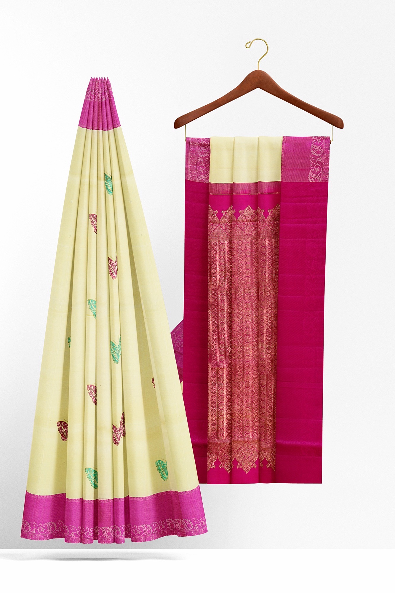 sri kumaran stores kanchipuram silk saree half white saree with pink border 3