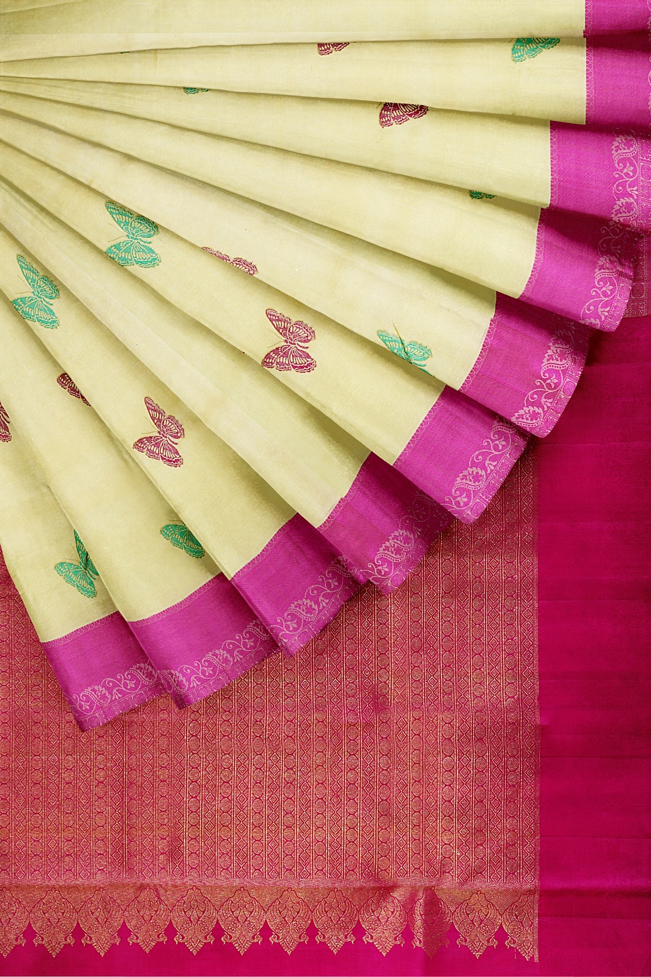 sri kumaran stores kanchipuram silk saree half white saree with pink border 4