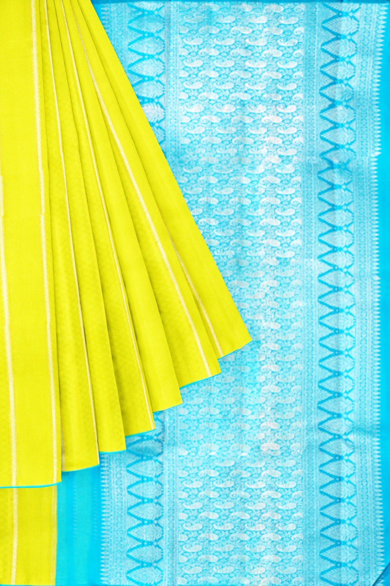 sri kumaran stores kanchipuram silk saree lemon yellow saree with sky blue border 1
