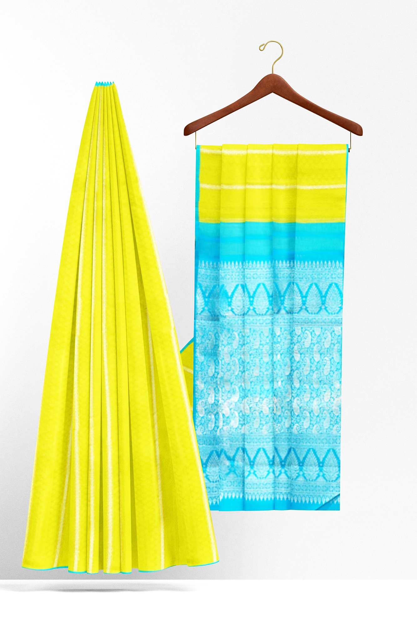 sri kumaran stores kanchipuram silk saree lemon yellow saree with sky blue border 3