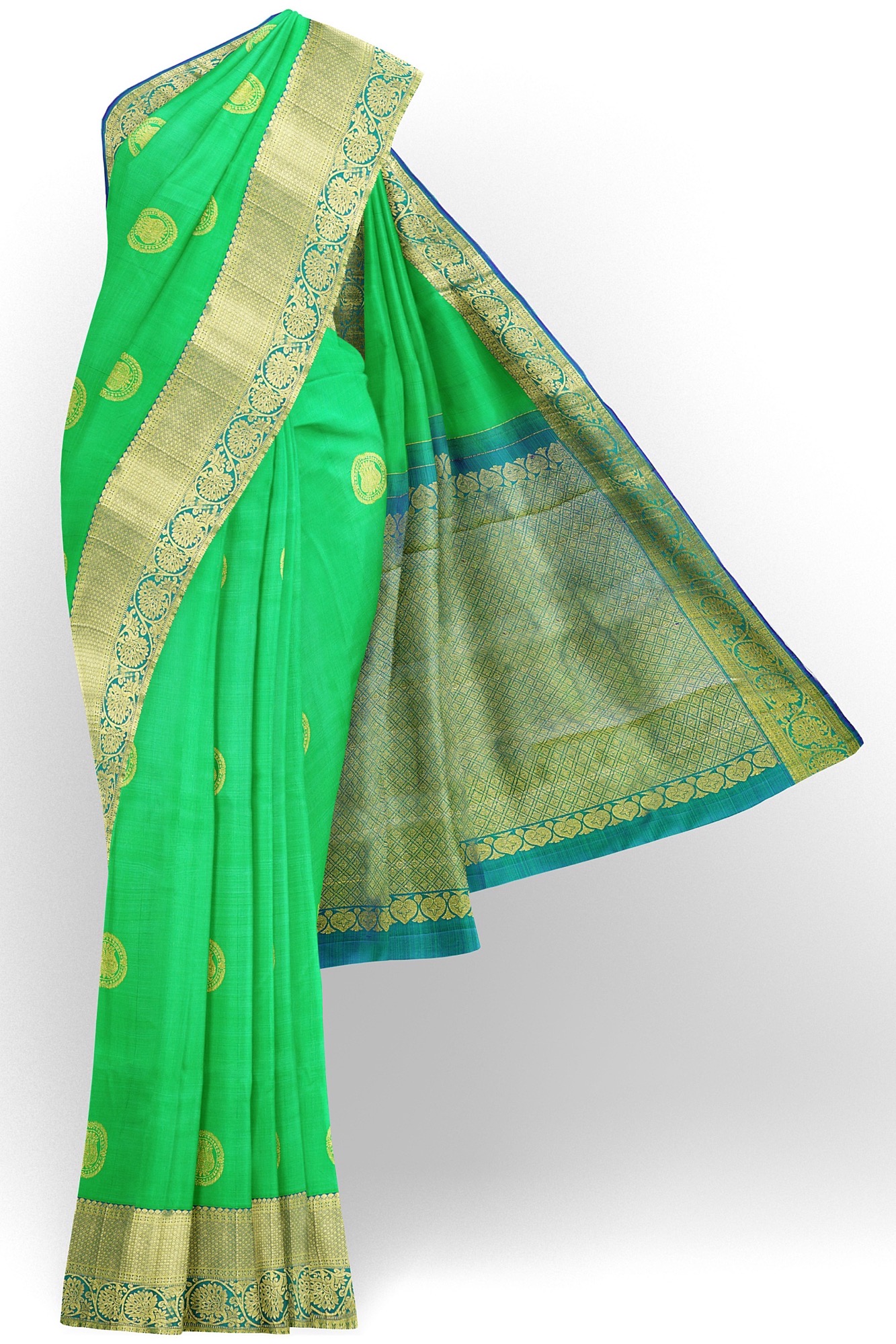 sri kumaran stores kanchipuram silk saree light green saree with golden border 2