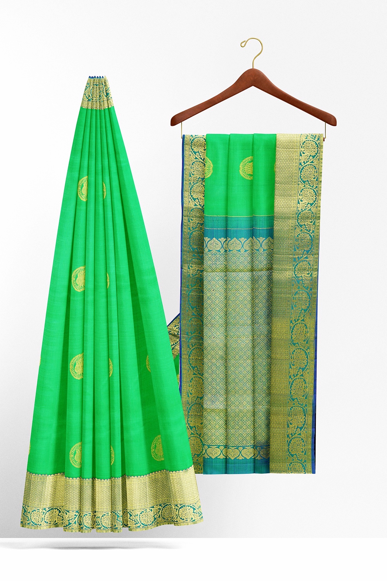 sri kumaran stores kanchipuram silk saree light green saree with golden border 3