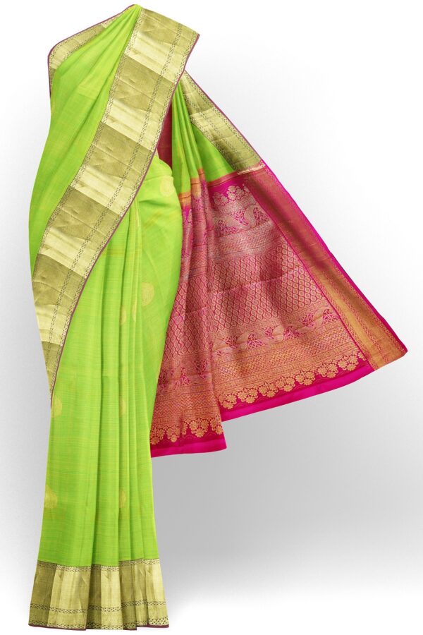 sri kumaran stores kanchipuram silk saree light green saree with golden colour border 2
