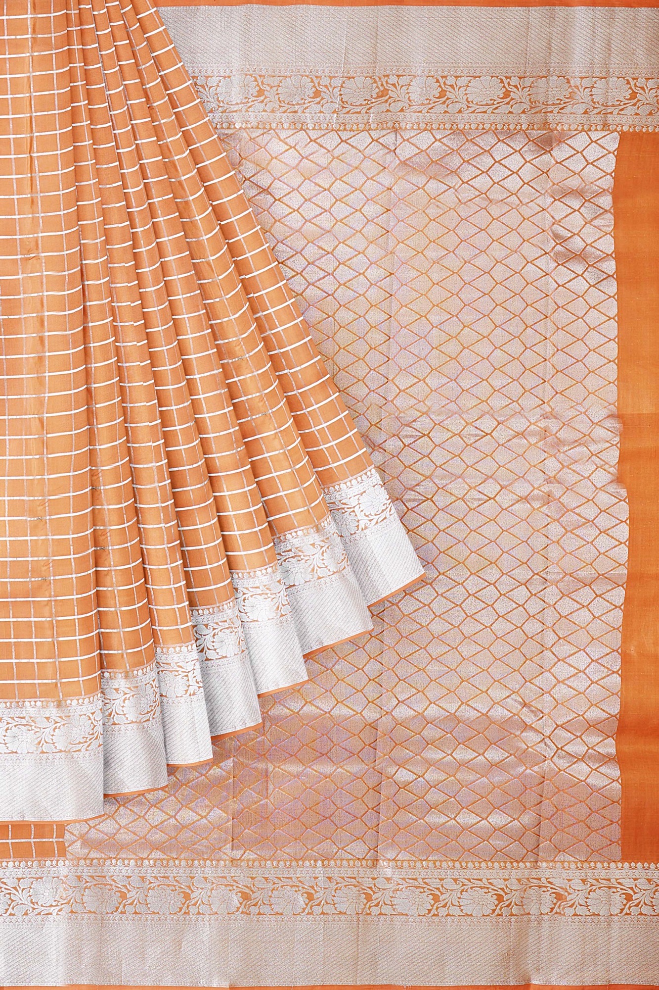 sri kumaran stores kanchipuram silk saree light orange saree with silver border 1