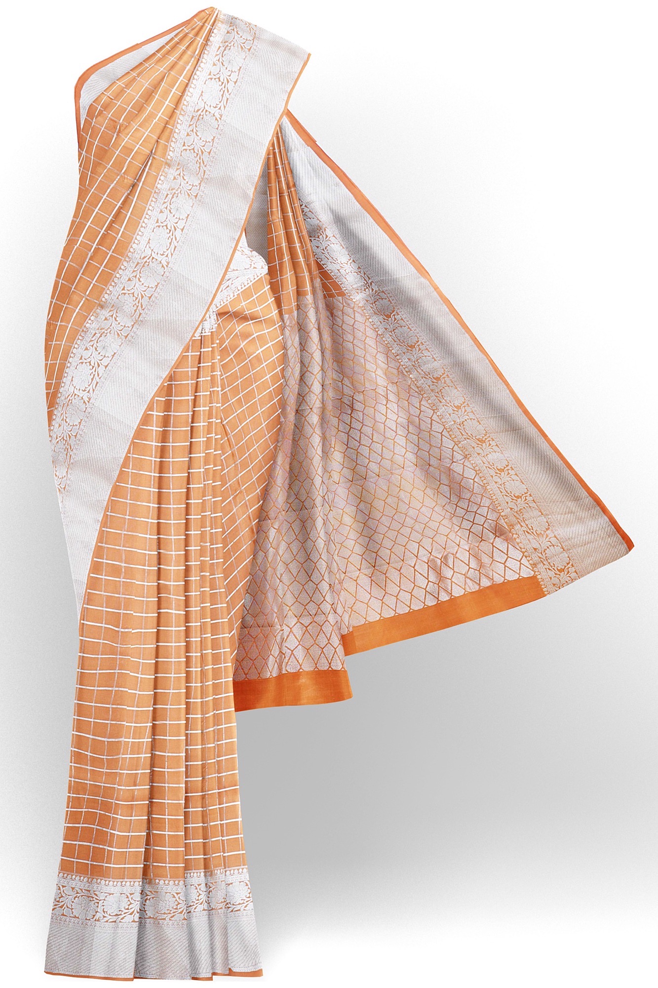 sri kumaran stores kanchipuram silk saree light orange saree with silver border 2