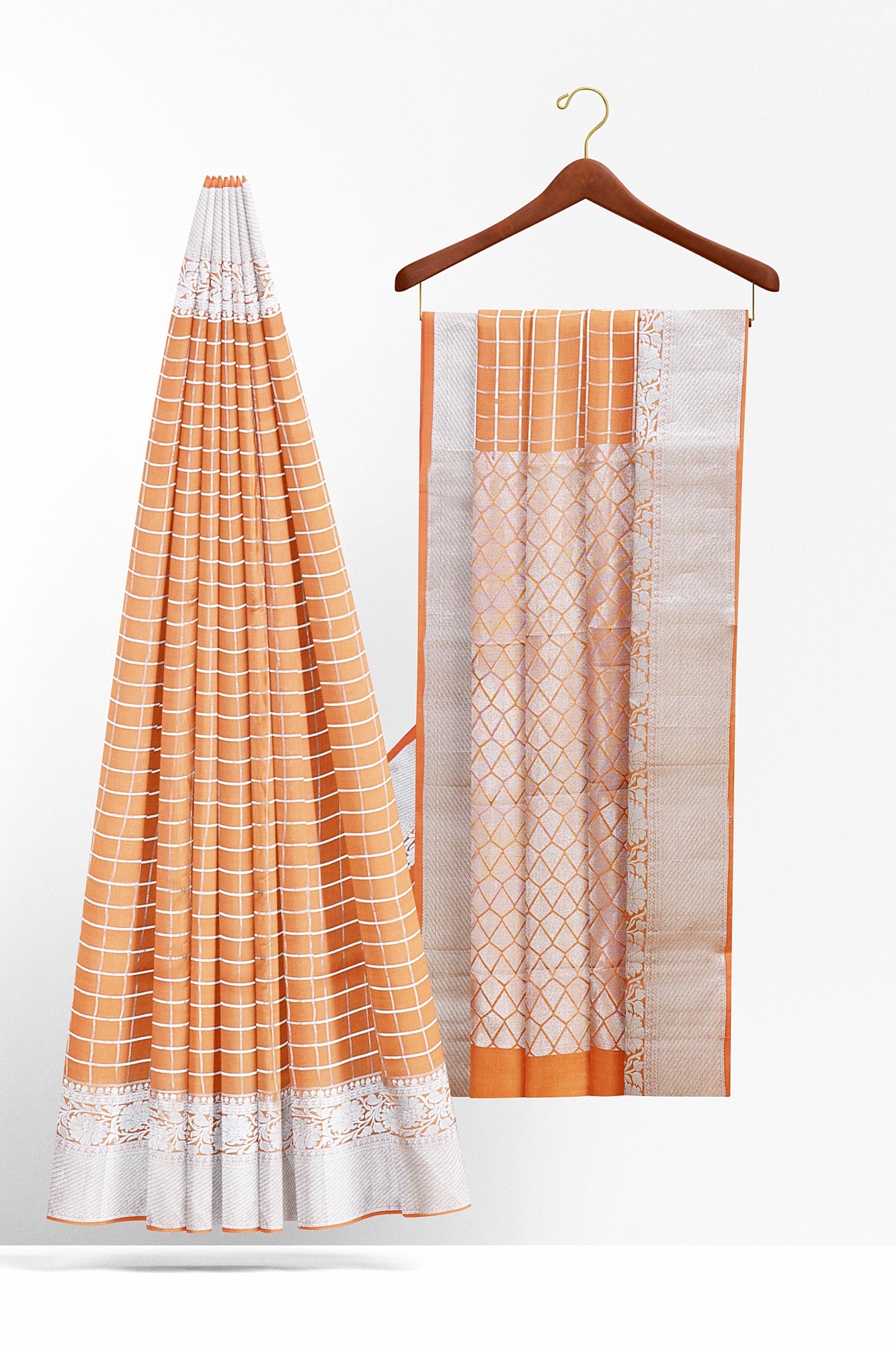 sri kumaran stores kanchipuram silk saree light orange saree with silver border 3