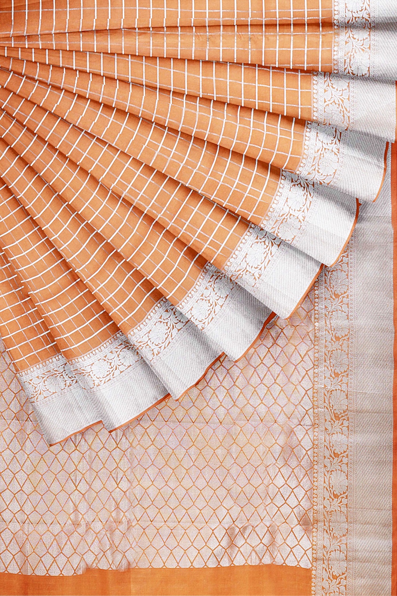 sri kumaran stores kanchipuram silk saree light orange saree with silver border 4