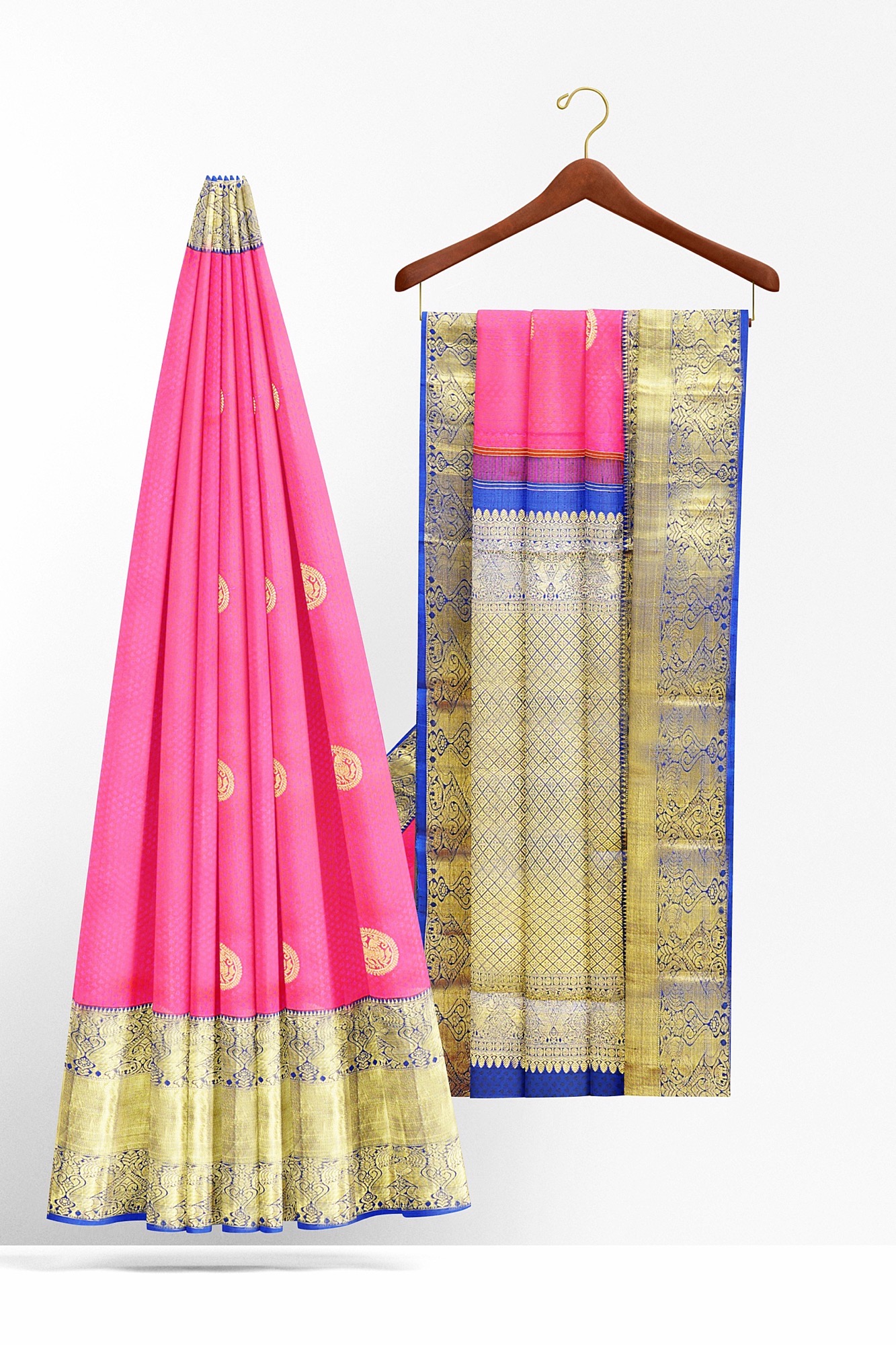 sri kumaran stores kanchipuram silk saree light pink saree with golden blue border 3