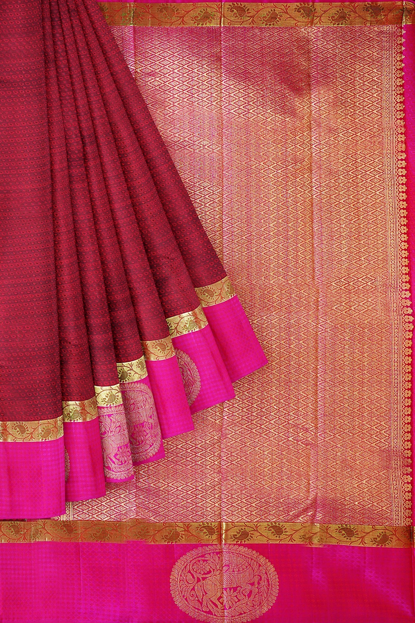 sri kumaran stores kanchipuram silk saree maroon saree with pink border 1