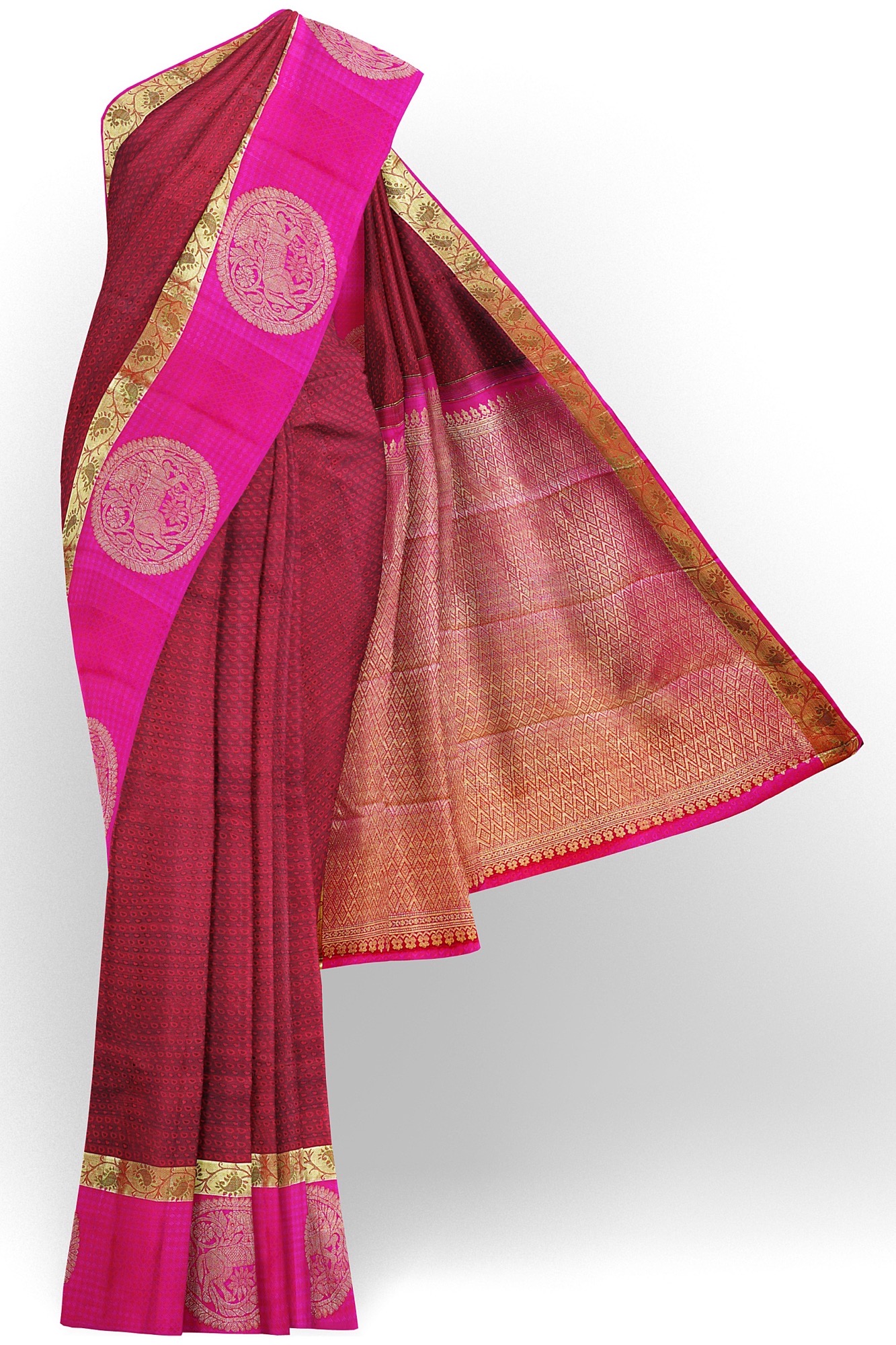 sri kumaran stores kanchipuram silk saree maroon saree with pink border 2