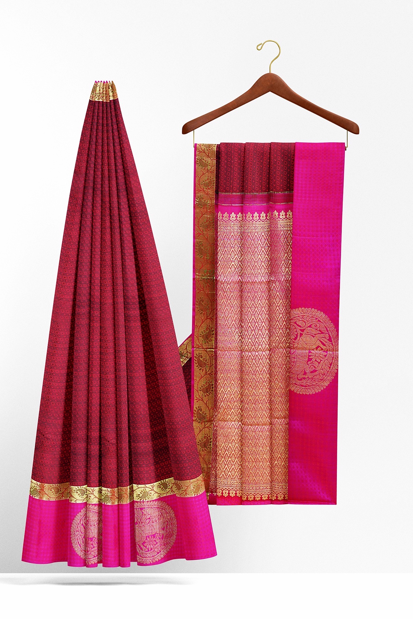 sri kumaran stores kanchipuram silk saree maroon saree with pink border 3